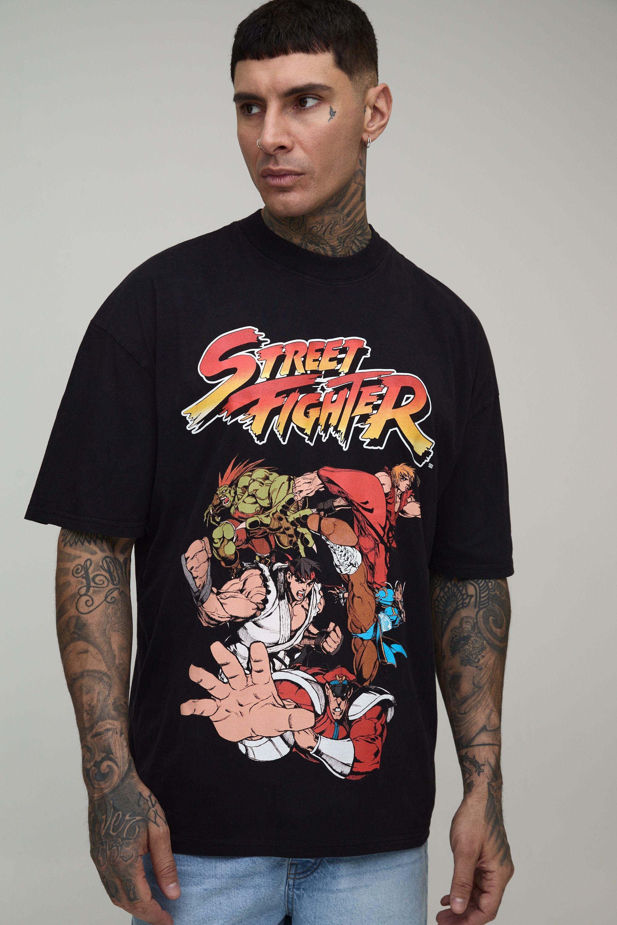 Tall Oversized Street Fighter License Acid Wash Printed T-Shirt by BOOHOOMAN