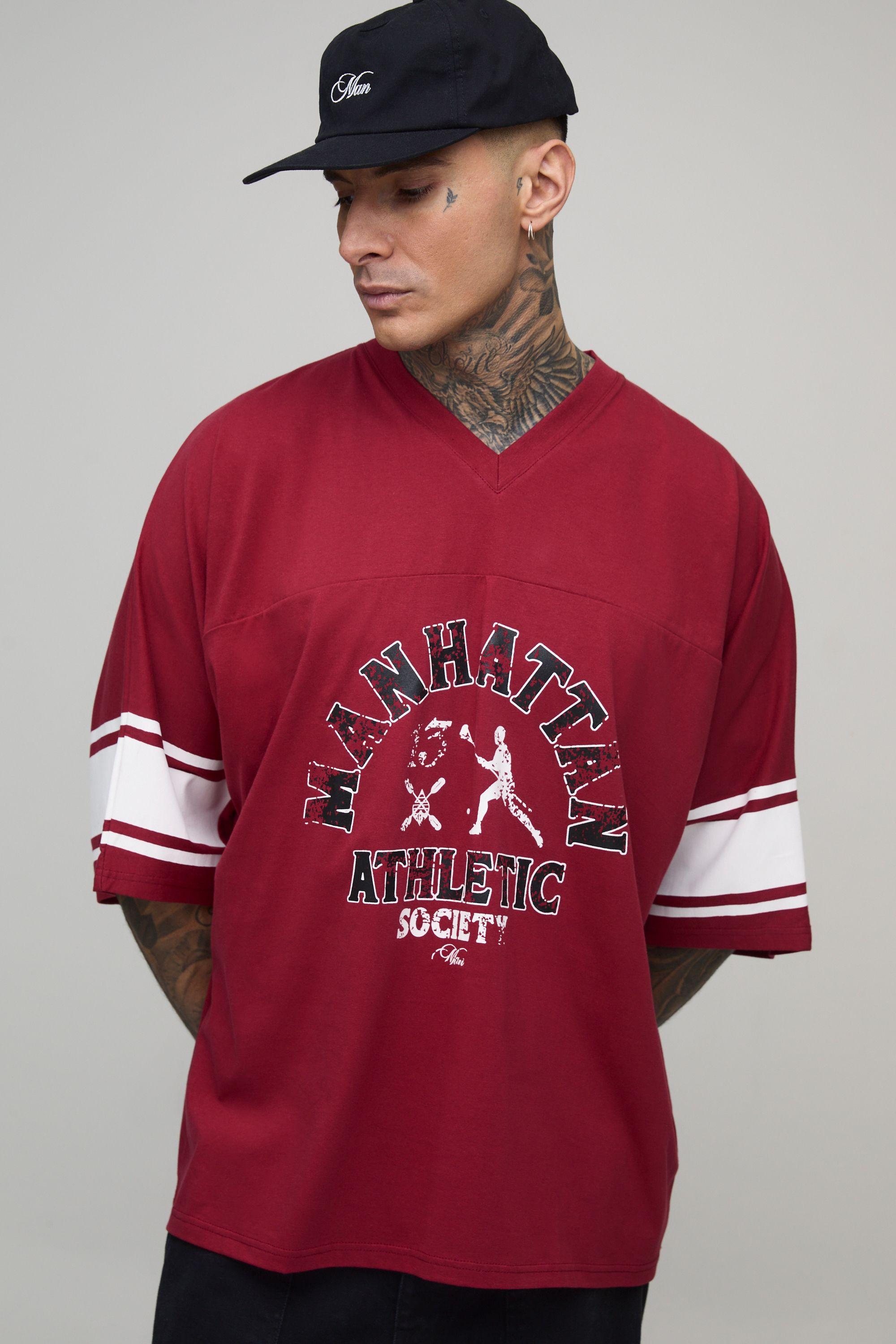 Tall Oversized V-Neck Football Print Sports Top by BOOHOOMAN