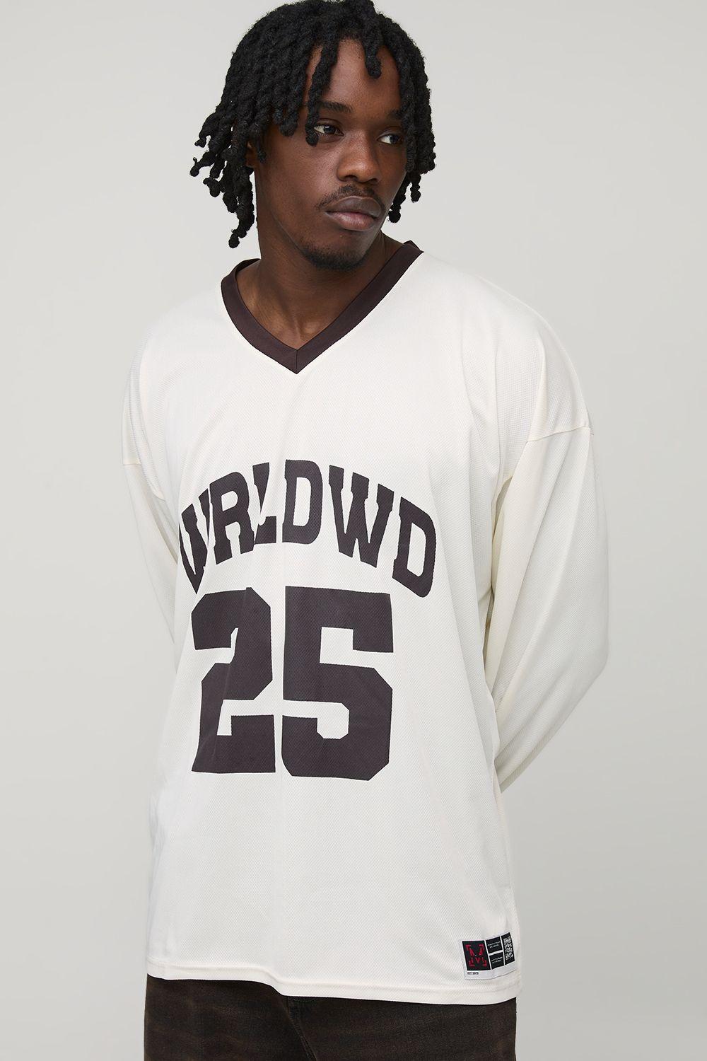 Tall Oversized WRLDWD Print Long-sleeved Sports T-Shirt by BOOHOOMAN
