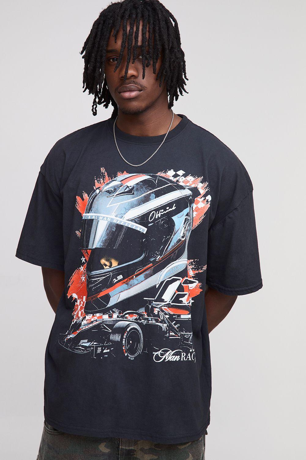 Tall Oversized Washed Official Racing Print T-Shirt by BOOHOOMAN