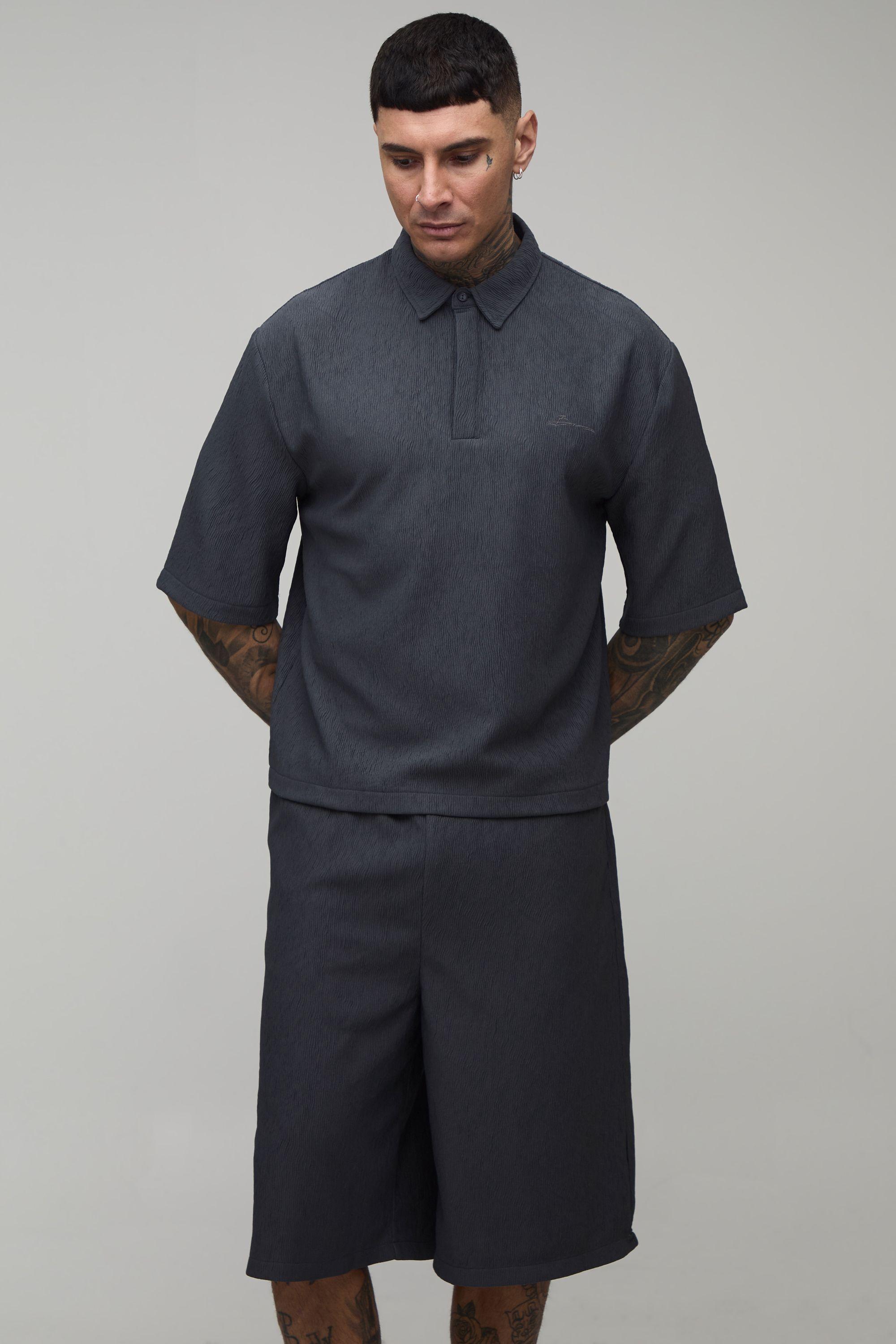 Tall Oversized Wavy Textured Polo & Longline Relaxed Short Set by BOOHOOMAN