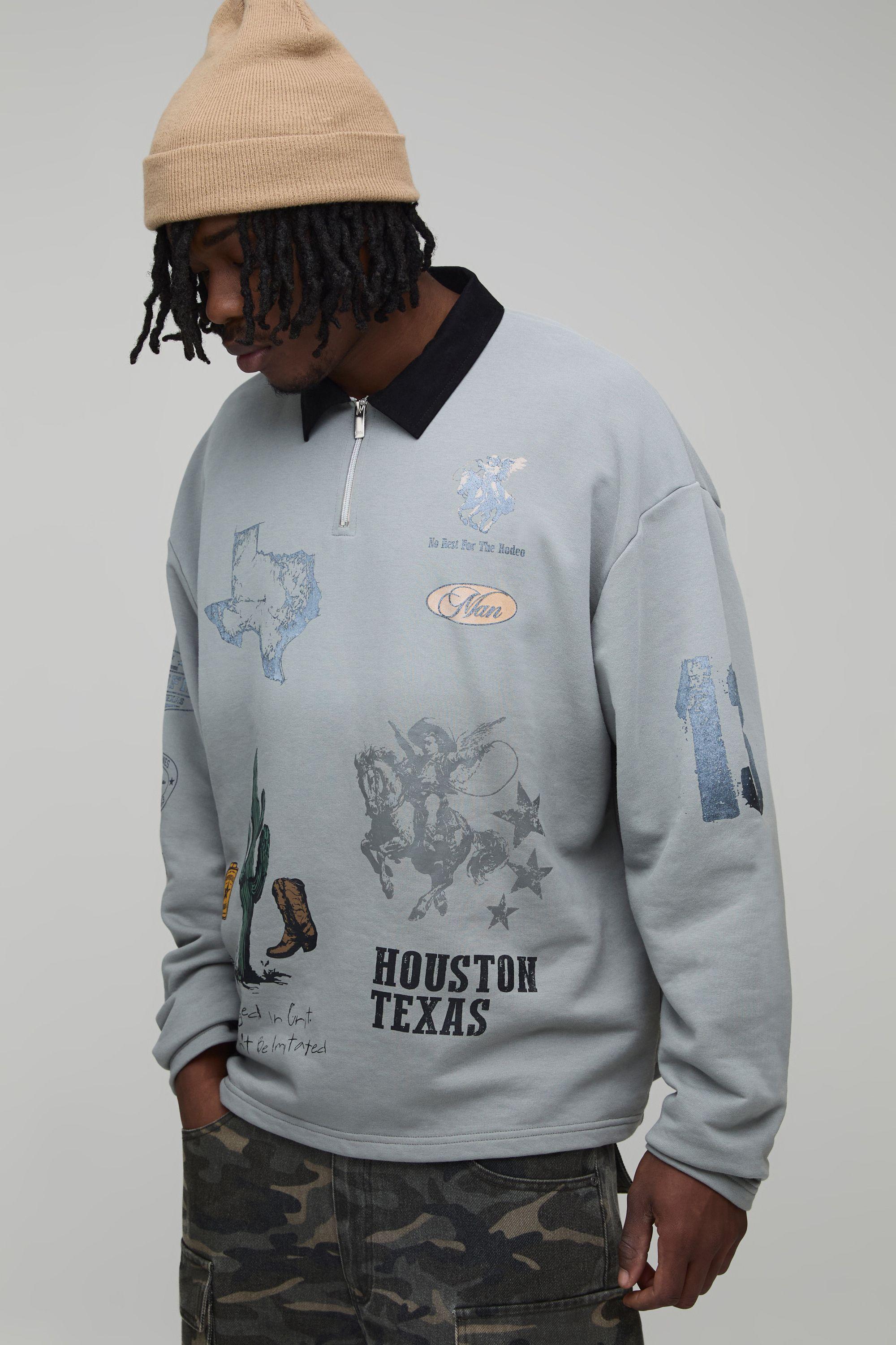 Tall Oversized Western Printed Badged Rugby Sweatshirt by BOOHOOMAN