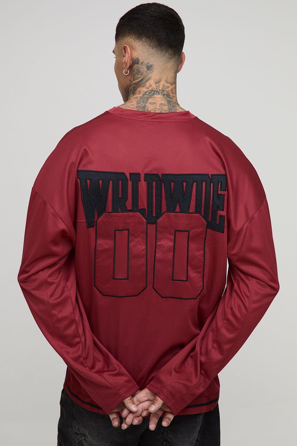 Tall Oversized Worldwide Applique Baseball Longsleeve Sports T-Shirt by BOOHOOMAN
