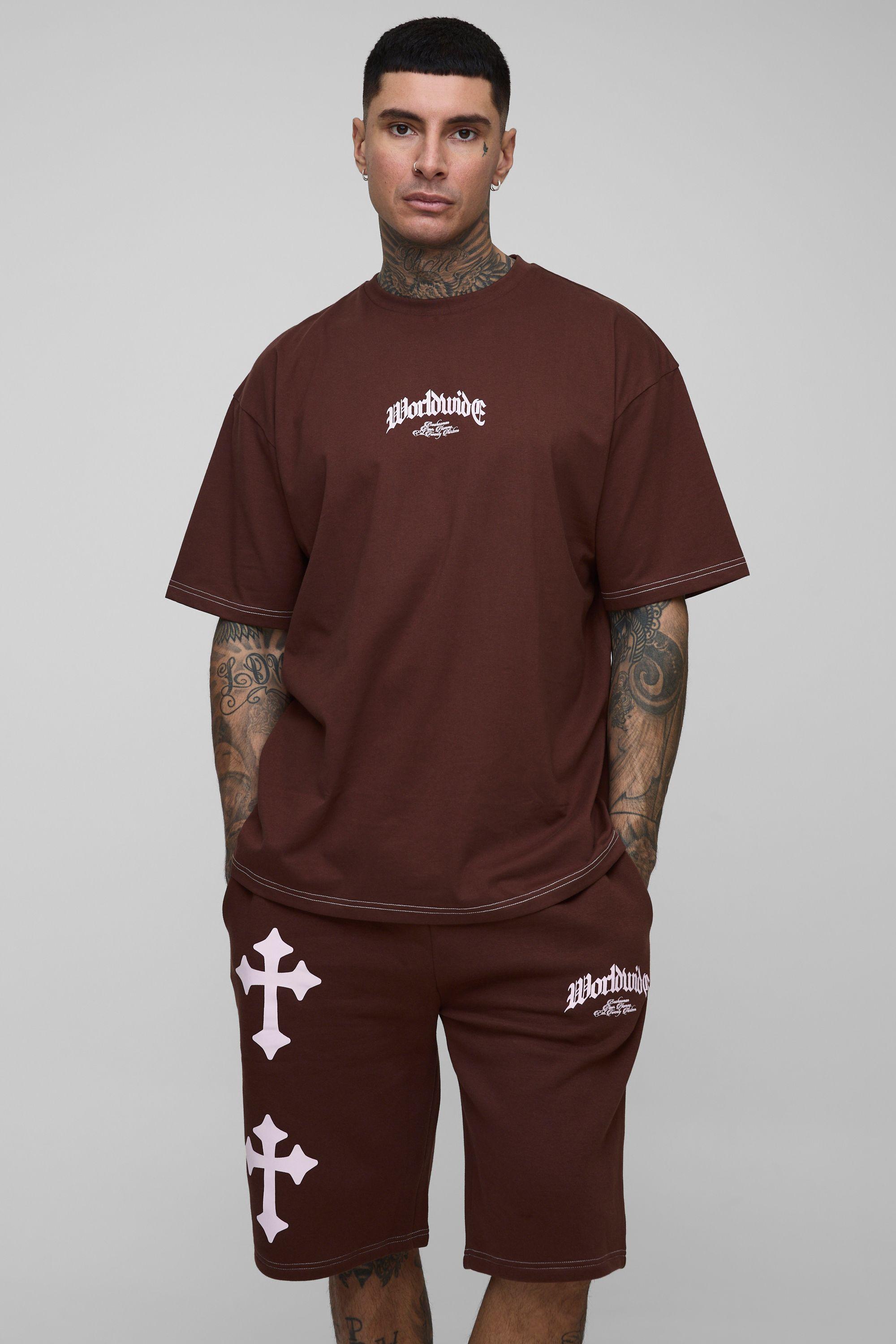 Tall Oversized Worldwide Cross Print T-Shirt & Short Set by BOOHOOMAN
