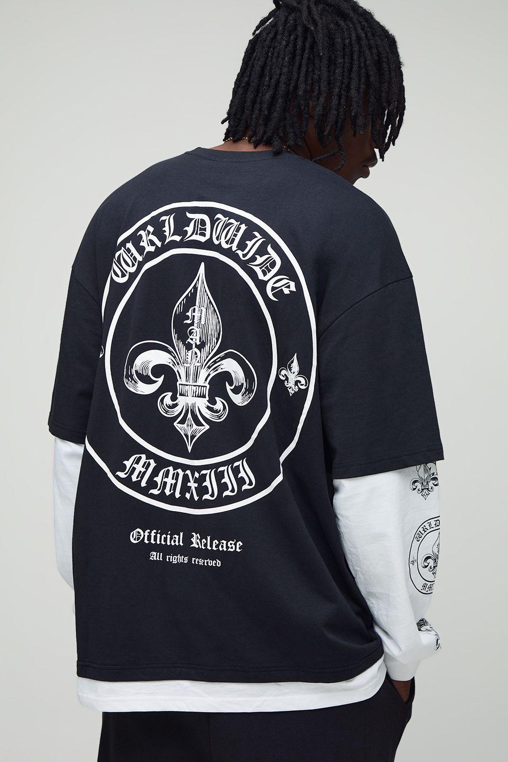 Tall Oversized Worldwide Graphic Faux Layer Heavyweight T-Shirt by BOOHOOMAN