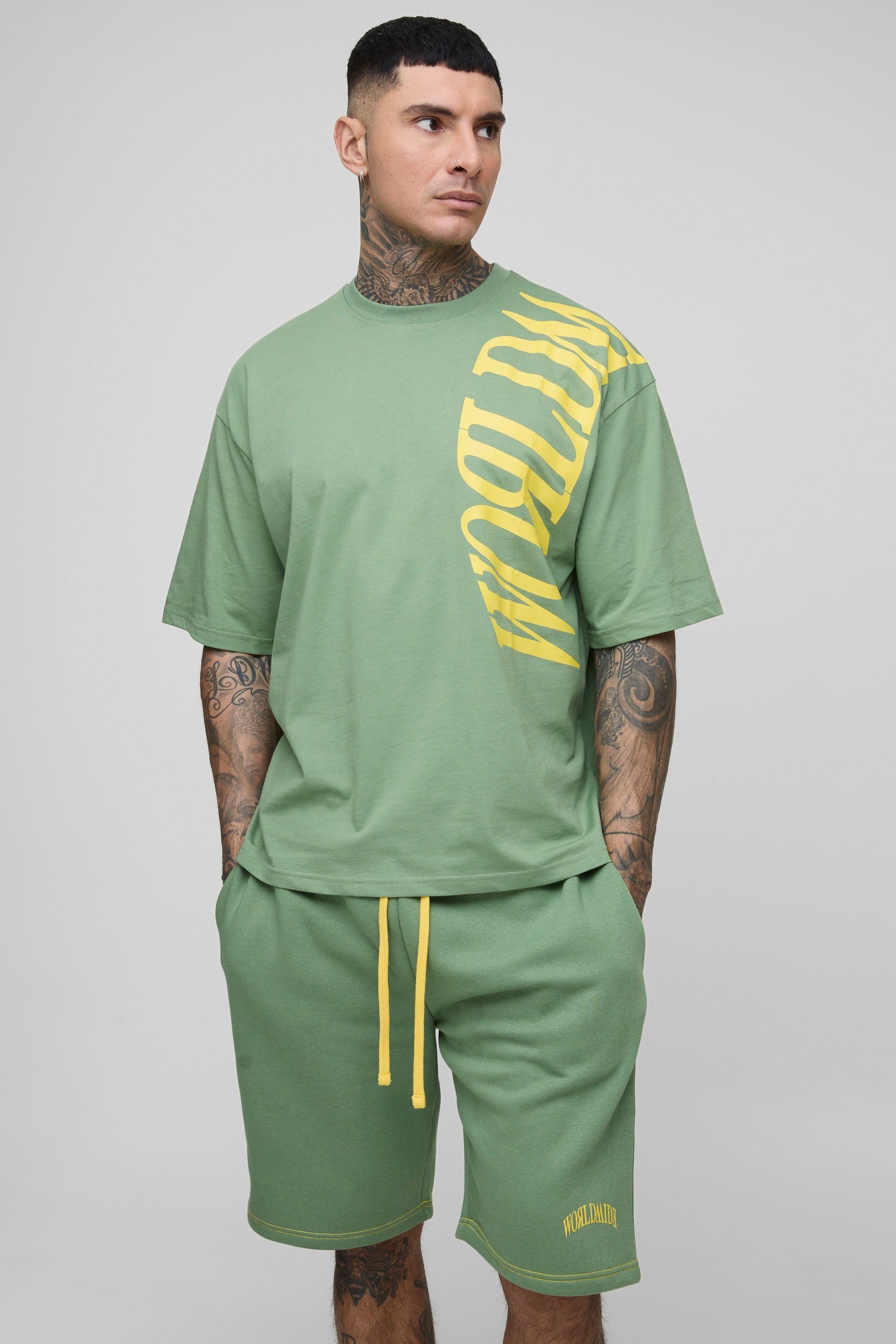 Tall Oversized Worldwide Over Seam Print T-Shirt & Short Set by BOOHOOMAN