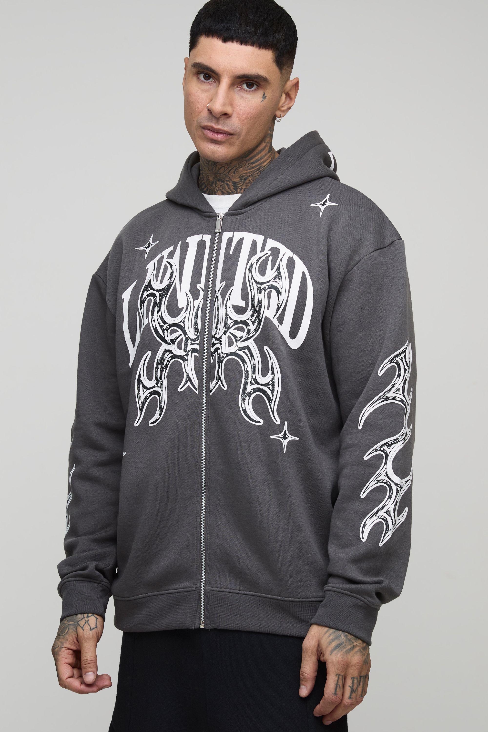 Tall Oversized Zip Through Limited Graphic Hoodie by BOOHOOMAN