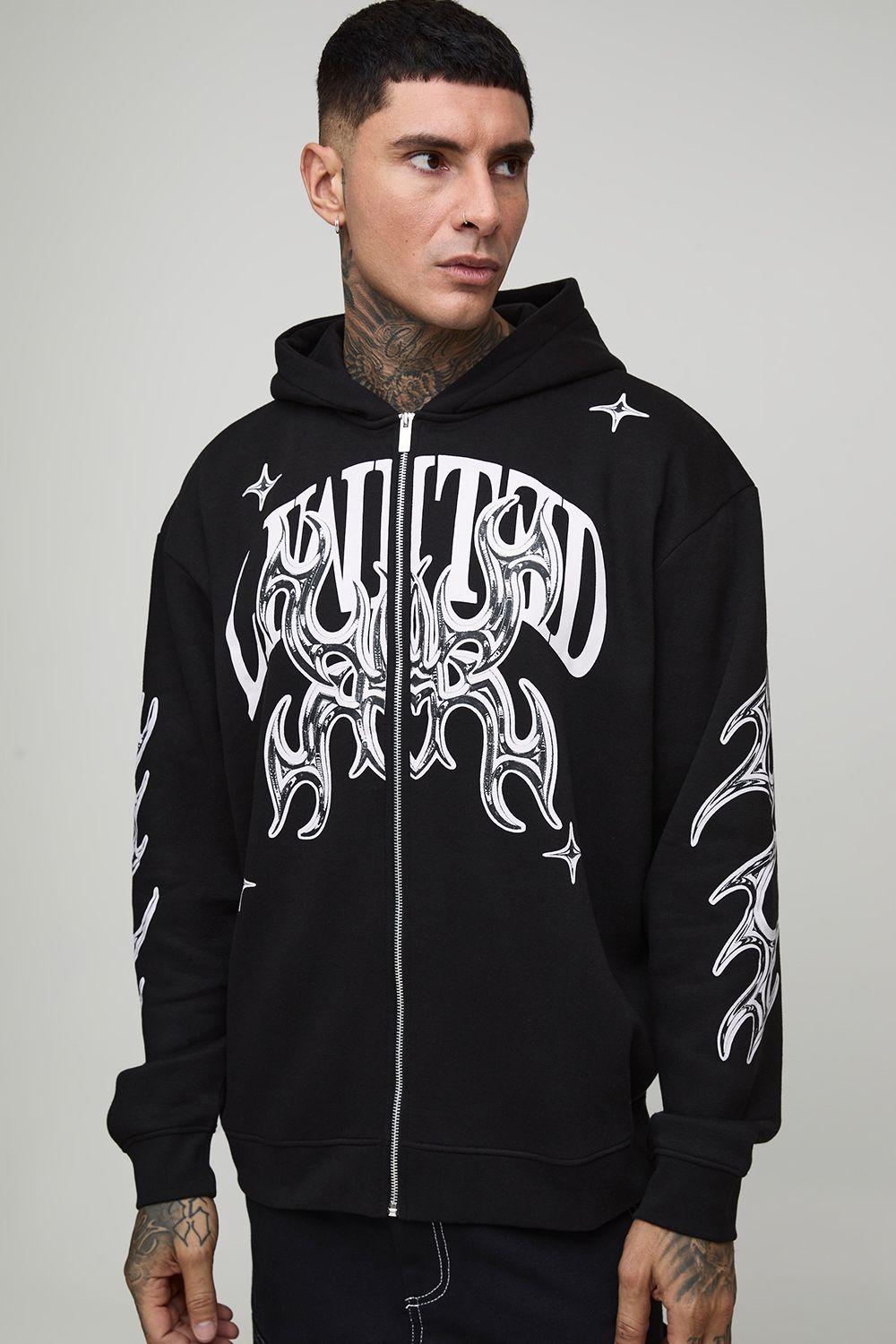 Tall Oversized Zip Through Limited Graphic Hoodie by BOOHOOMAN