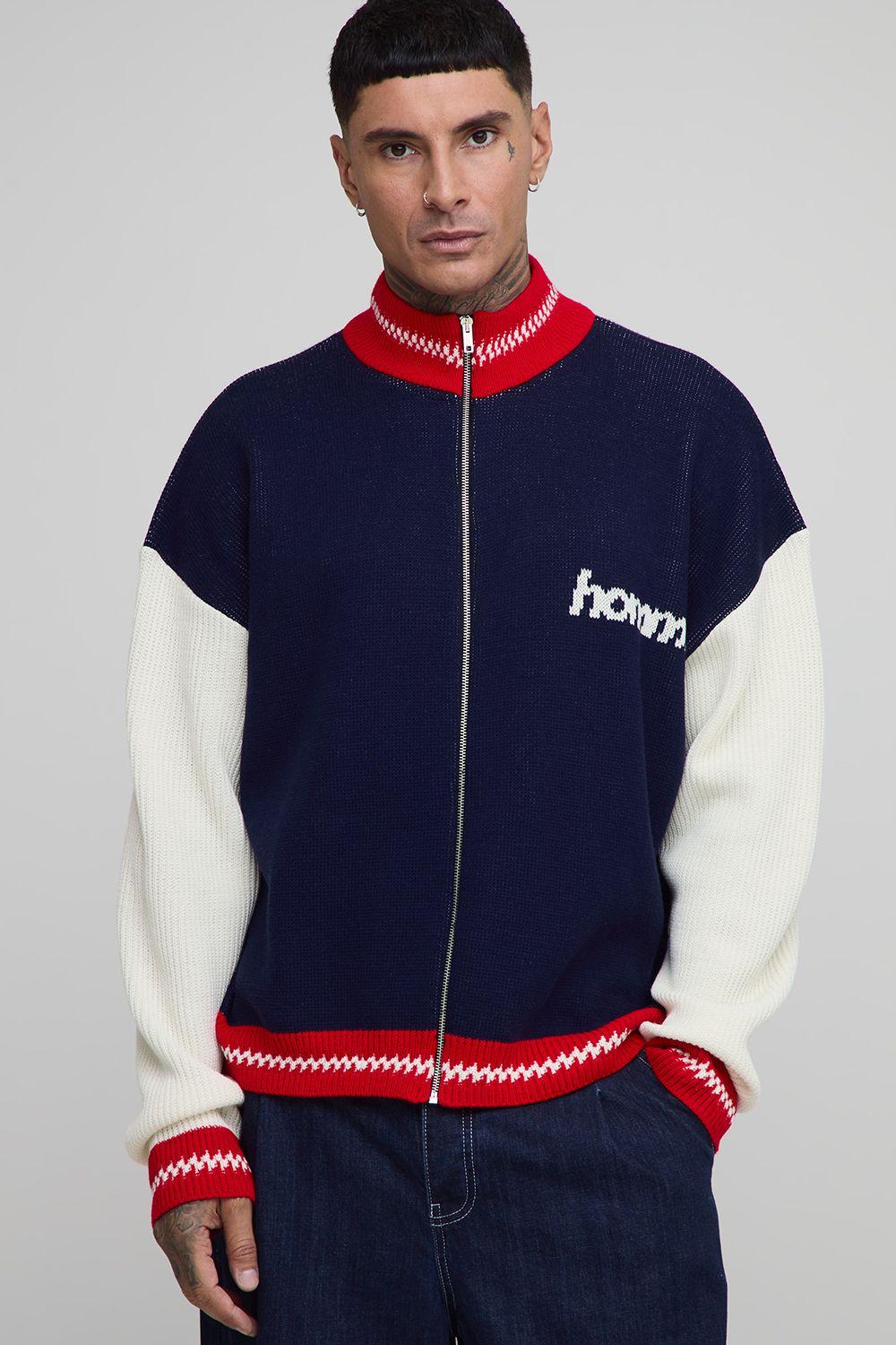 Tall Oversized Zip Up Funnel Neck Homme Knitted Jacket by BOOHOOMAN