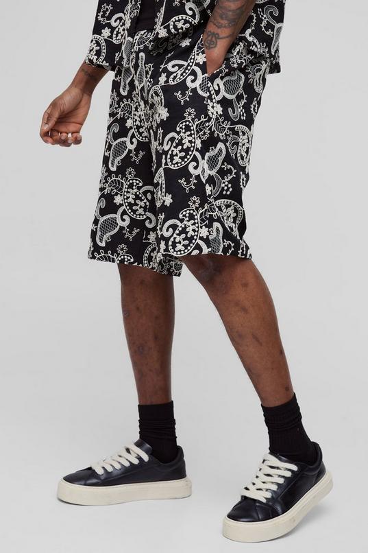 Tall Paisley Relaxed Fit Embroidered Shorts by BOOHOOMAN
