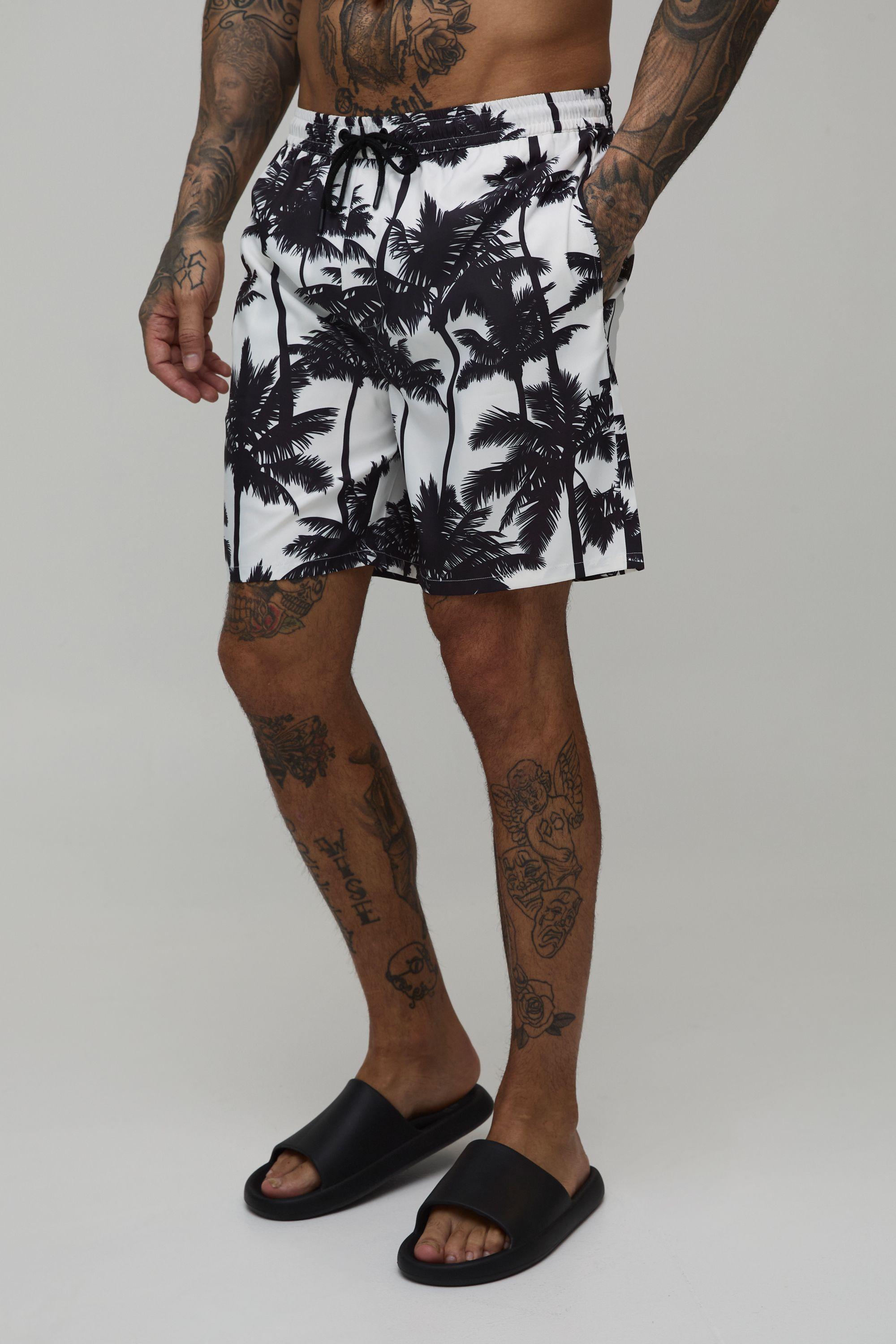 Tall Palm Tree Print Mid Length Swim Shorts by BOOHOOMAN