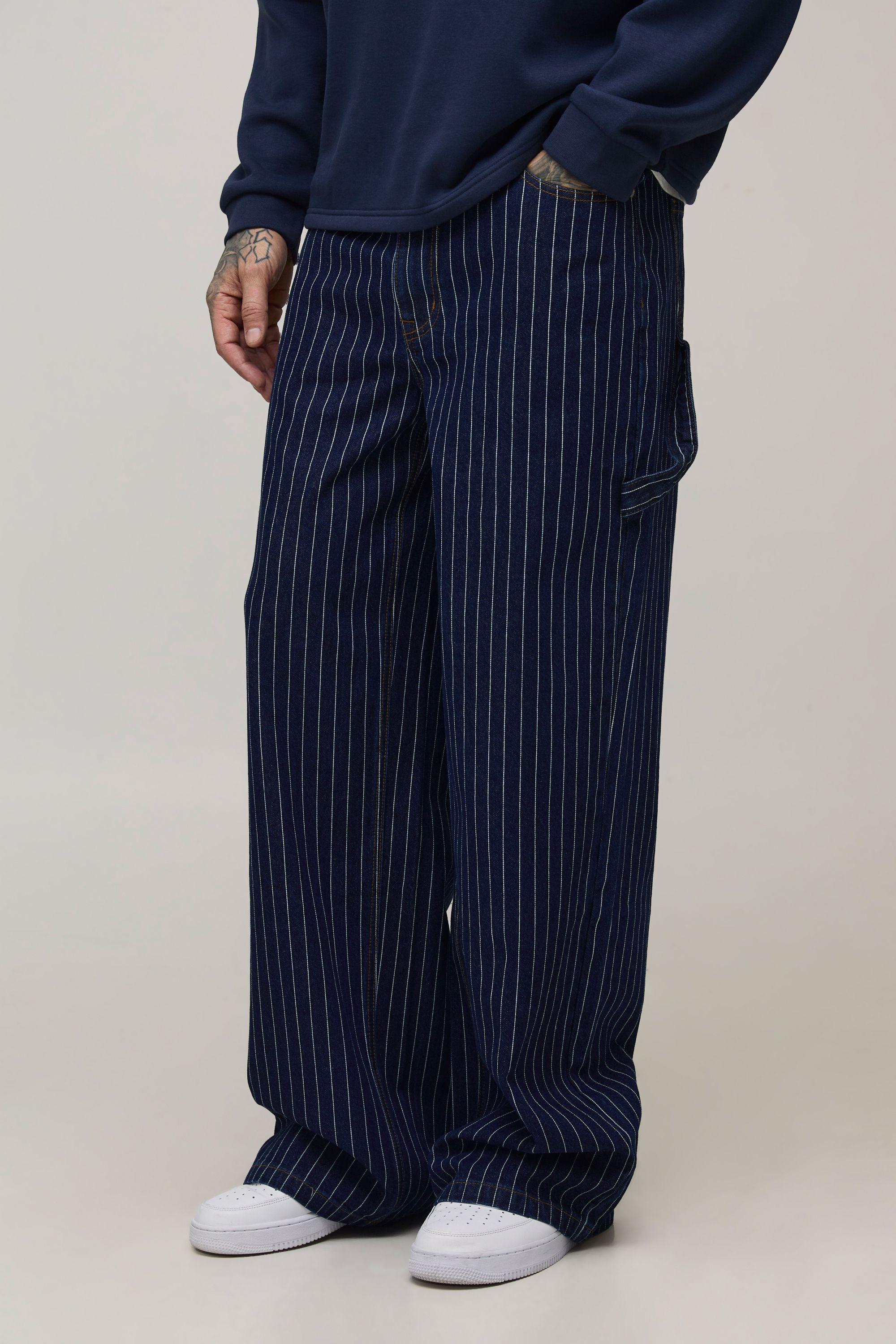 Tall Pinstripe Denim Baggy Carpenter Jeans by BOOHOOMAN