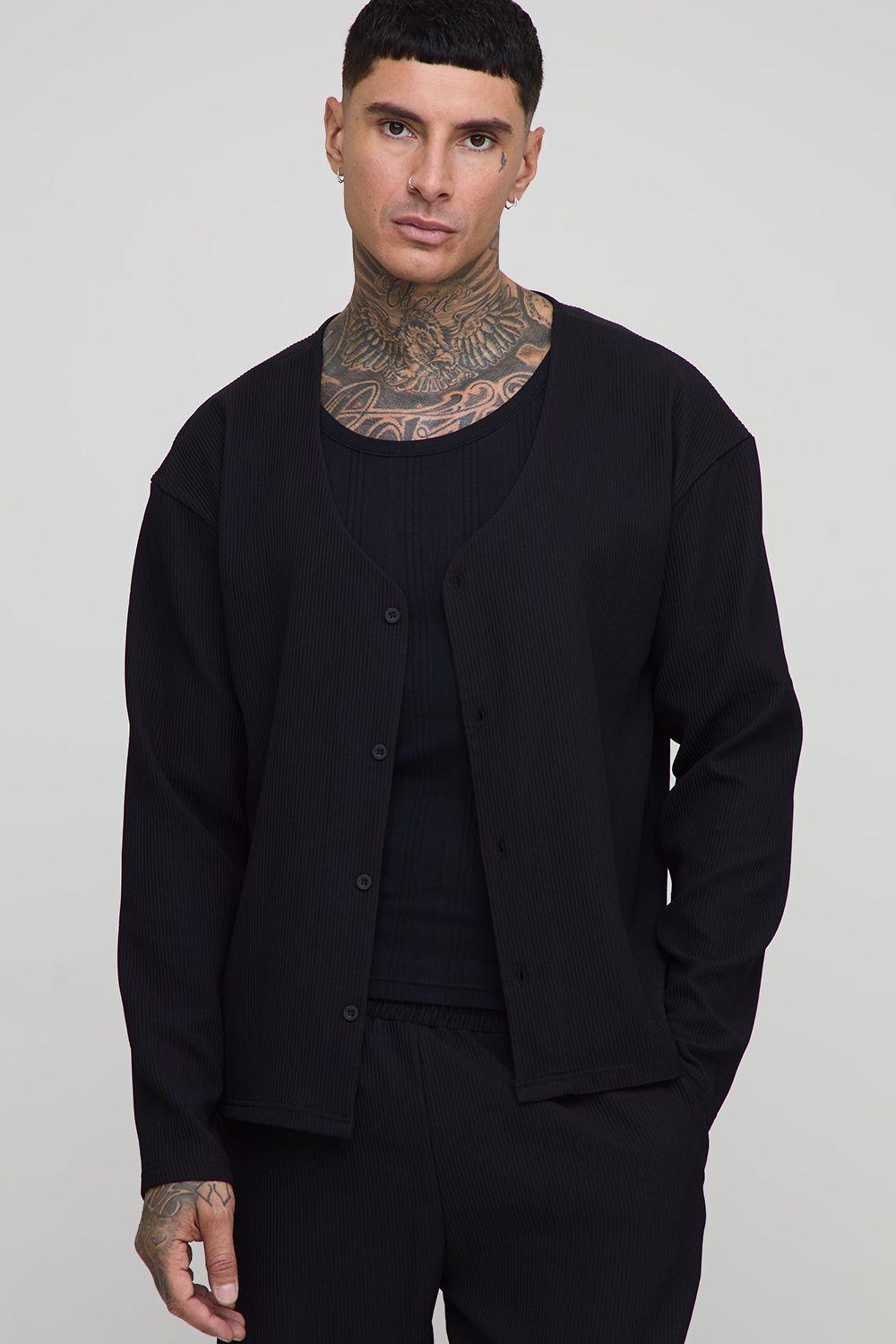 Tall Pleated Oversized Boxy Collarless Shirt by BOOHOOMAN