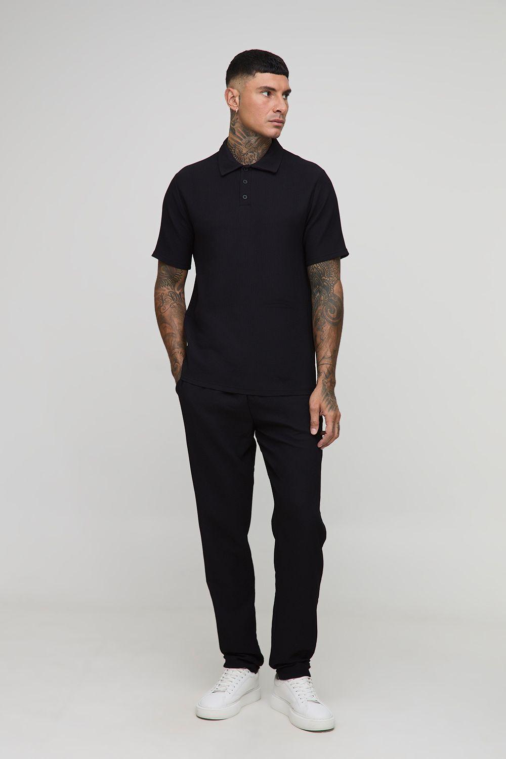 Tall Pleated Regular Fit Polo & Tapered Trouser Set by BOOHOOMAN