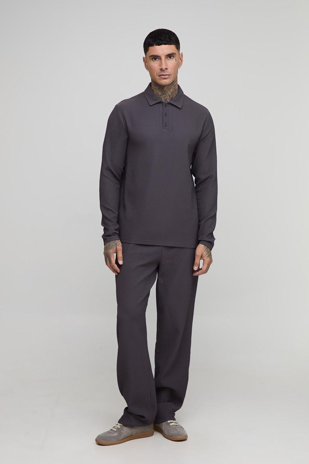 Tall Pleated Regular Long Sleeve Polo & Relaxed Trouser Set by BOOHOOMAN