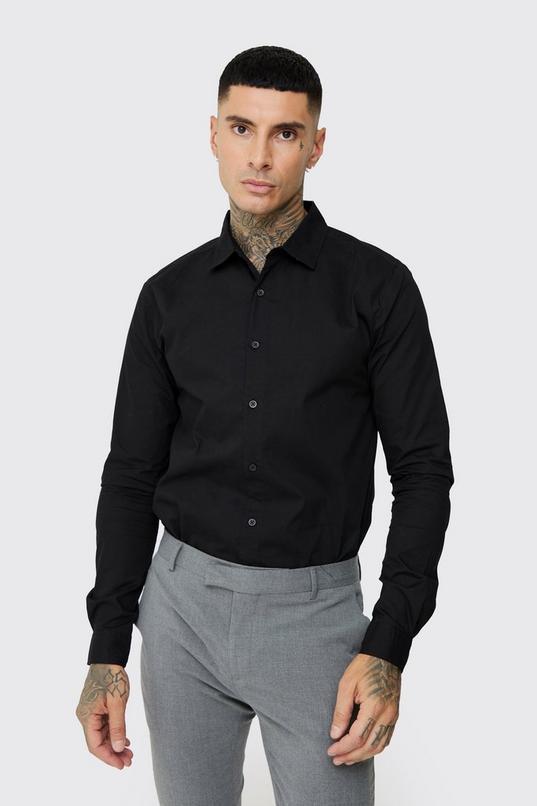 Tall Poplin Shirt In Black by BOOHOOMAN