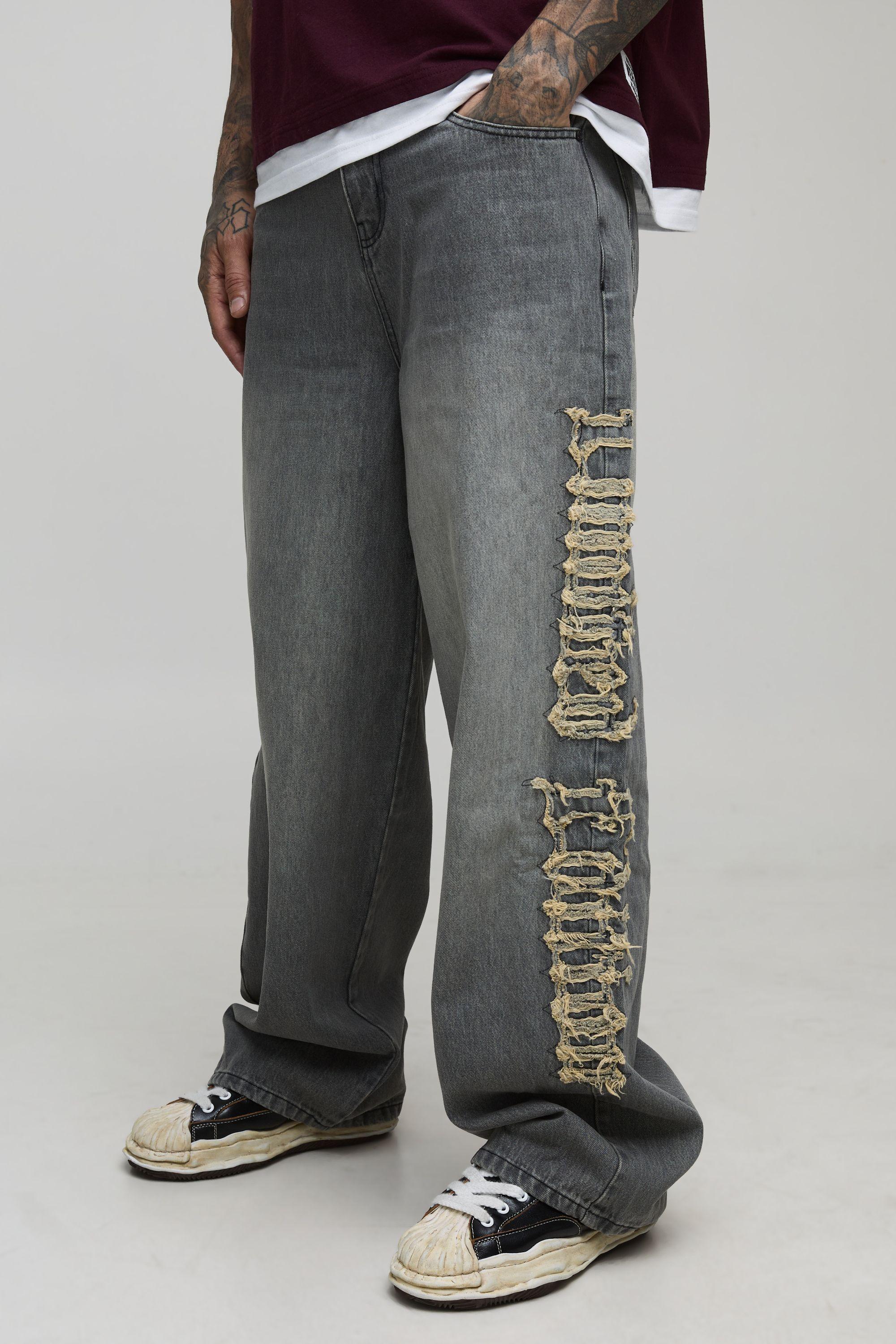 Tall Raw Applique Baggy Fit Washed Jeans by BOOHOOMAN