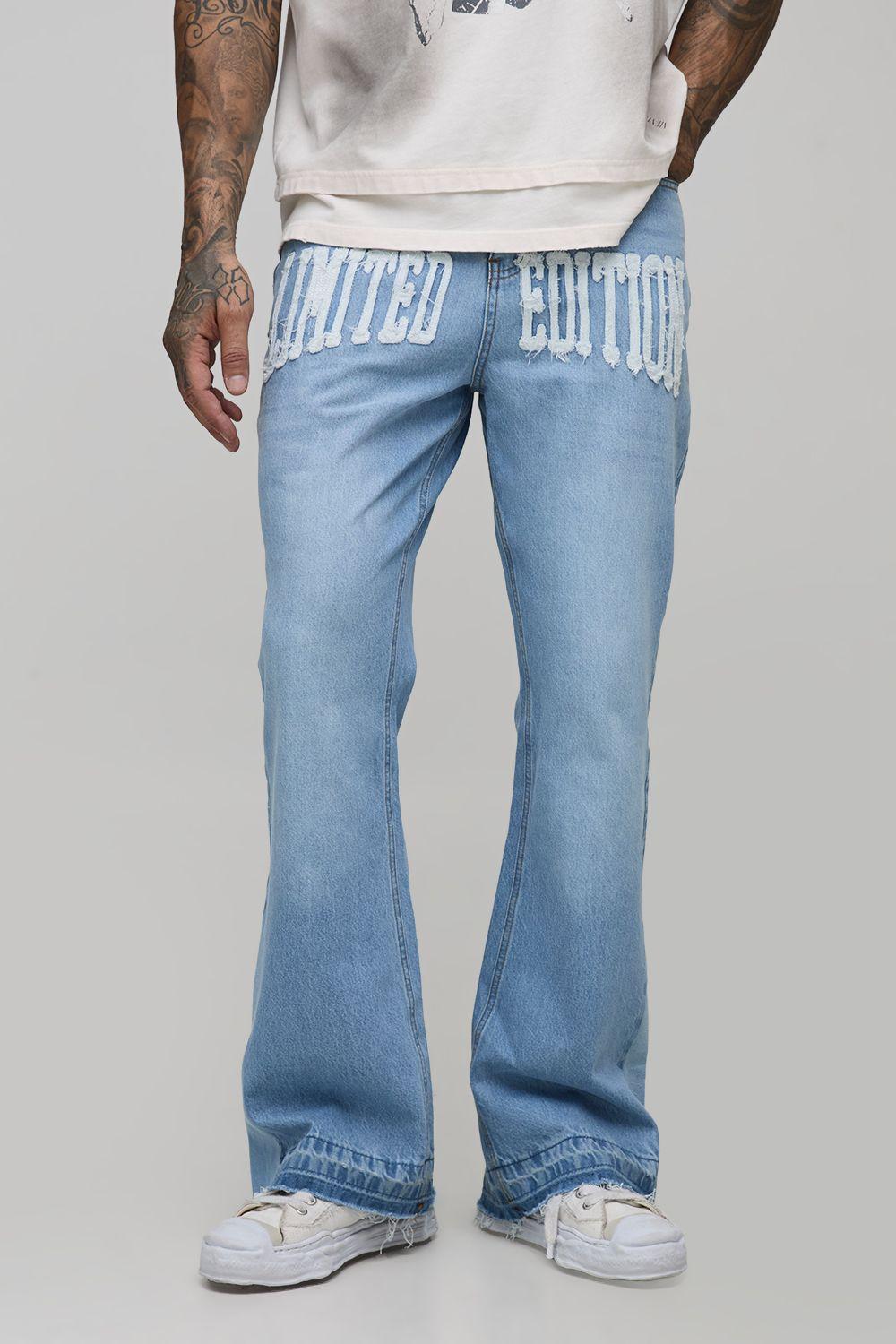 Tall Raw Hem Applique Gusset Flared Jeans by BOOHOOMAN