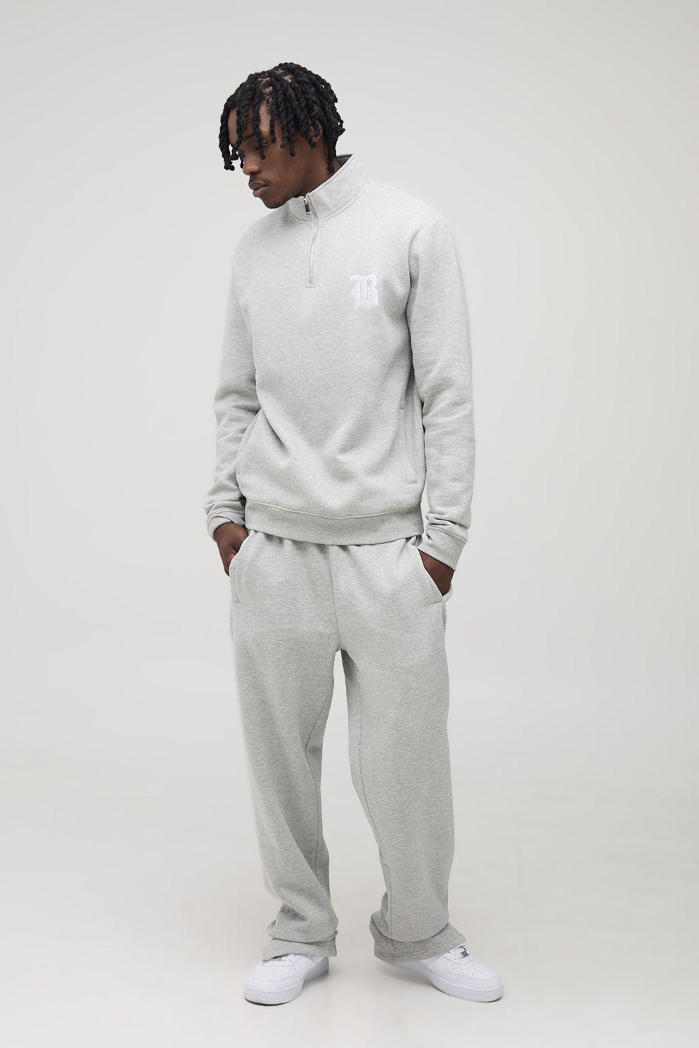 Tall Regular 1/4 Zip Gothic B Embroidered Funnel Neck Sweater & Regular Split Hem Jogger Tracksuit by BOOHOOMAN