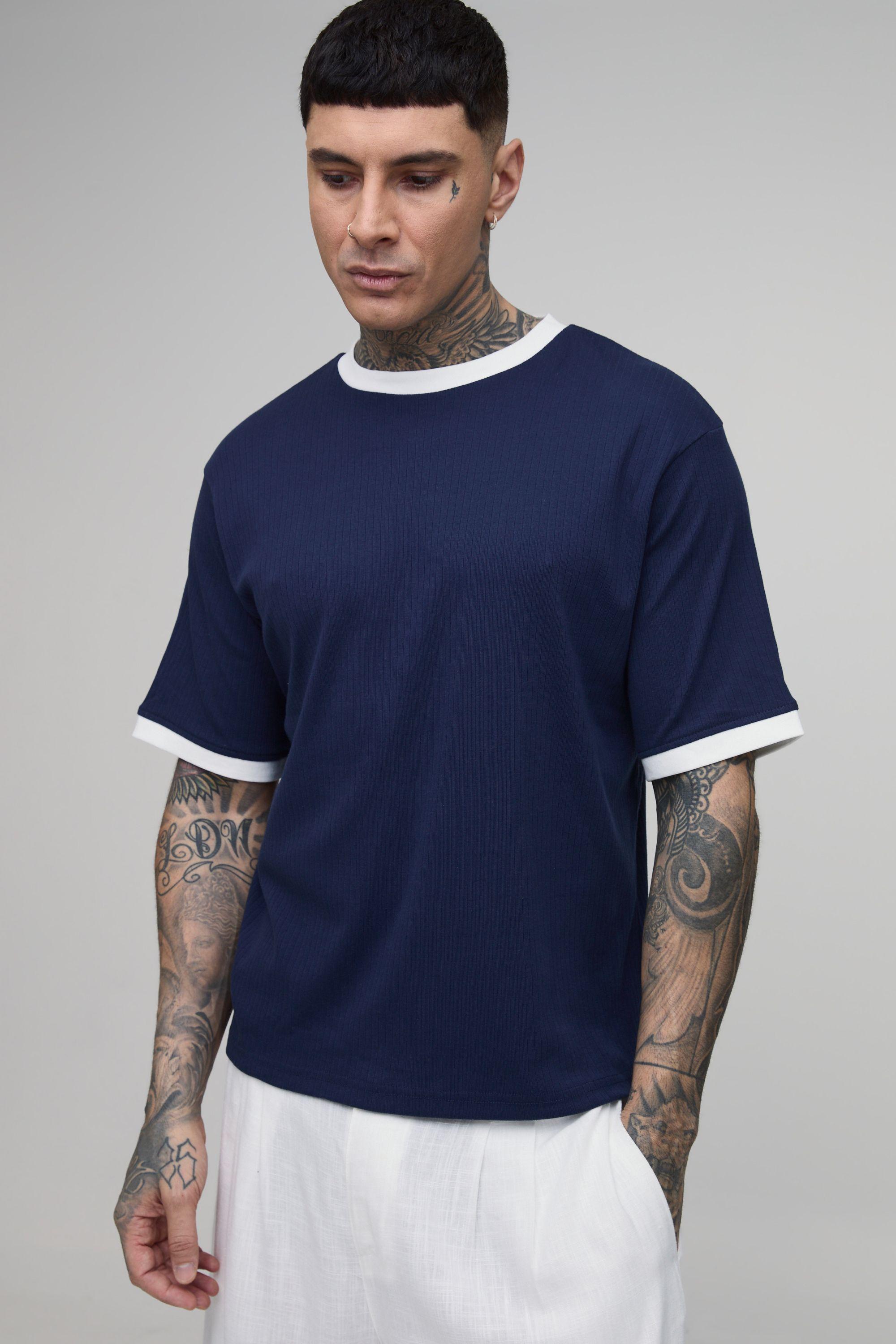 Tall Regular Boxy Fit Textured Ringer Crew Neck T-Shirt by BOOHOOMAN