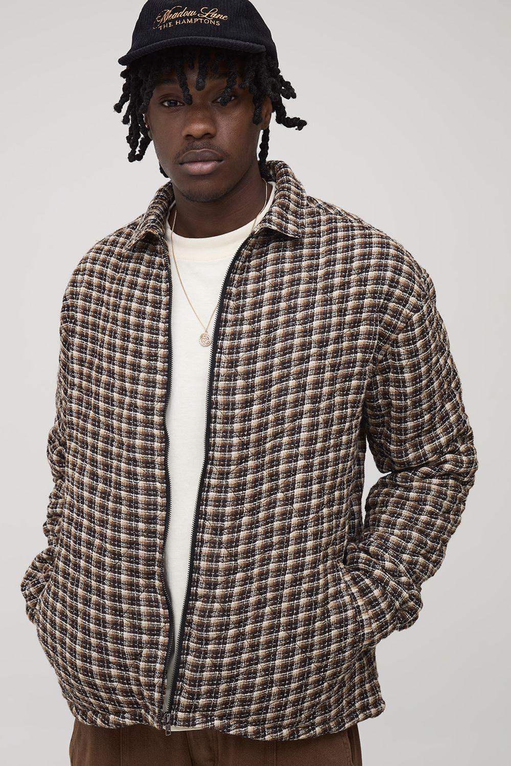 Tall Regular Fit Boucle Check Zip Up Overshirt by BOOHOOMAN