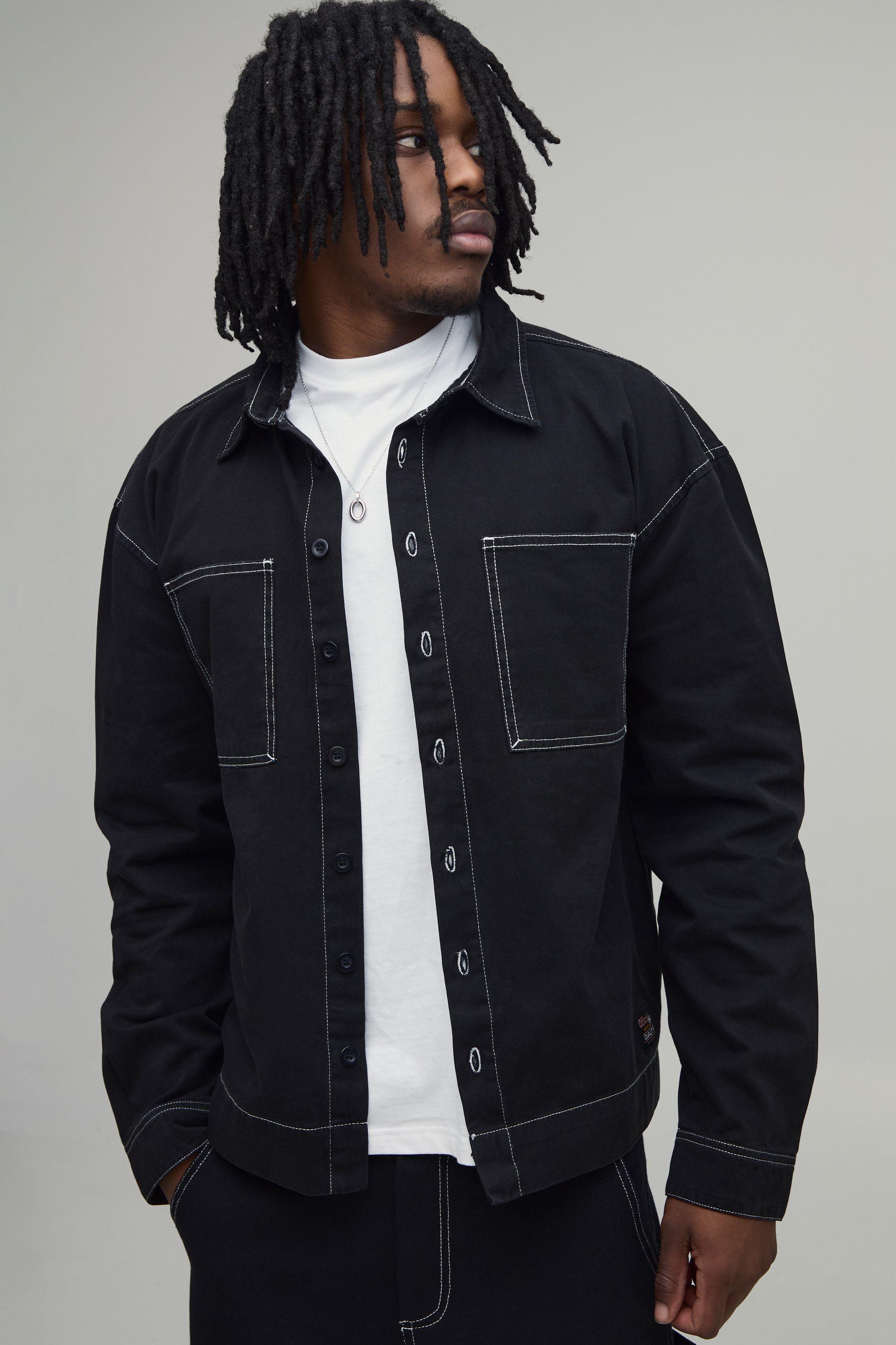 Tall Regular Fit Contrast Stitch Twill Boxy Overshirt by BOOHOOMAN