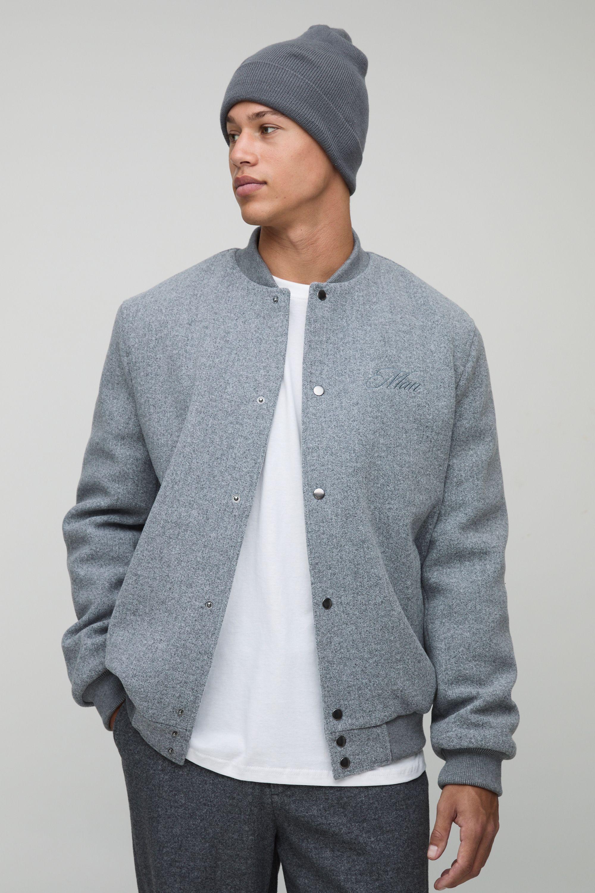 Tall Regular Fit Embroidered Melton Bomber Jacket by BOOHOOMAN Tall Regular Fit Embroidered Melton Bomber Jacket by BOOHOOMAN