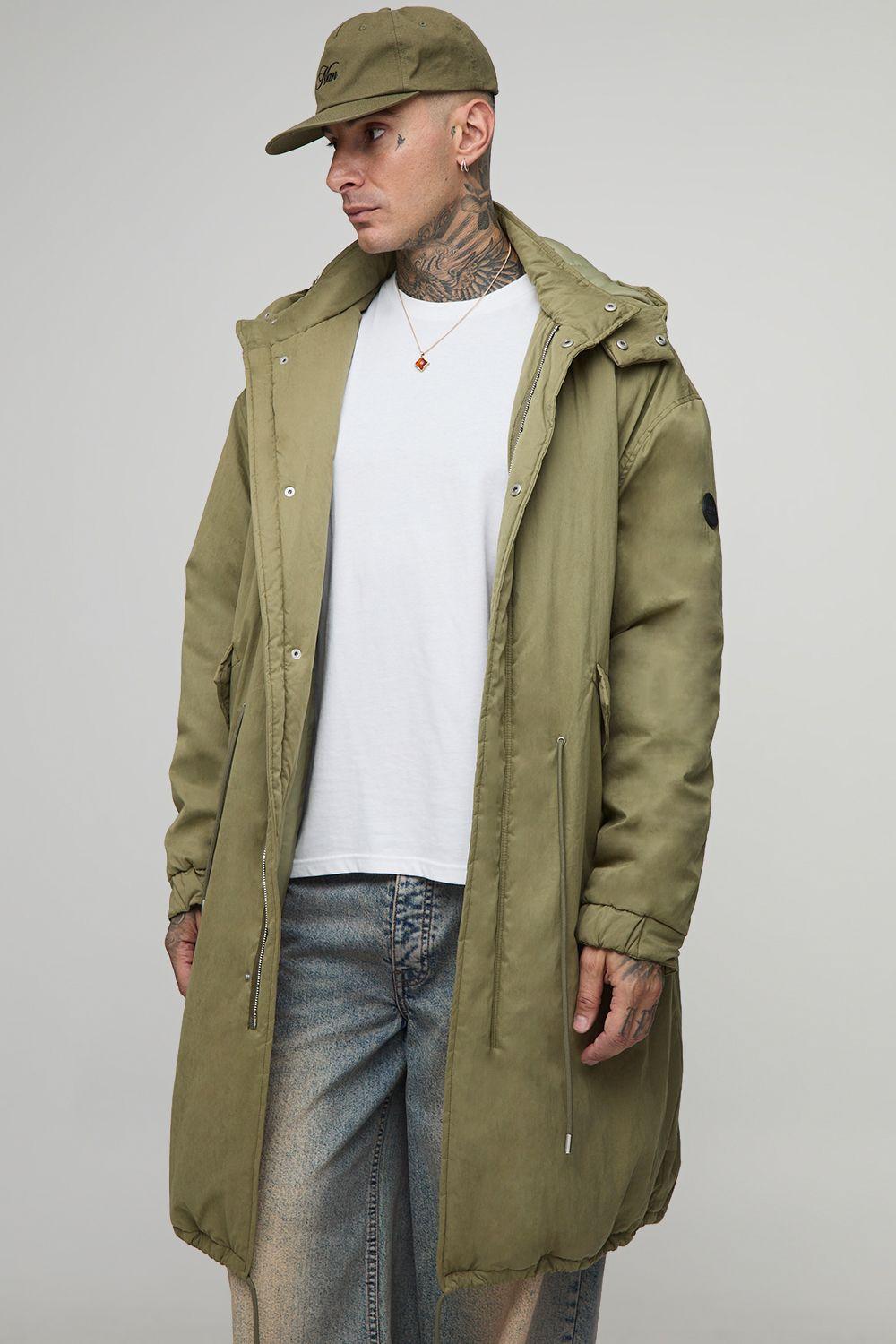 Tall Regular Fit Peached Nylon Funnel Neck Mid Length Parka Jacket by BOOHOOMAN Tall Regular Fit Peached Nylon Funnel Neck Mid Length Parka Jacket by BOOHOOMAN