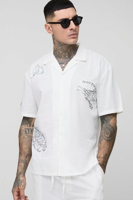 Tall Regular Fit Placement Print Linen Look Revere Shirt by BOOHOOMAN