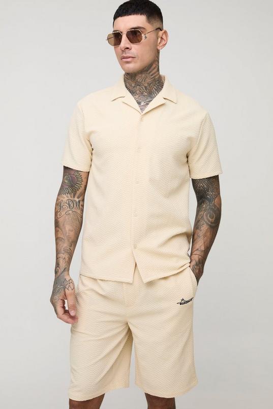 Tall Regular Fit Popcorn Revere Embroidered Shirt and Relaxed Short Set by BOOHOOMAN