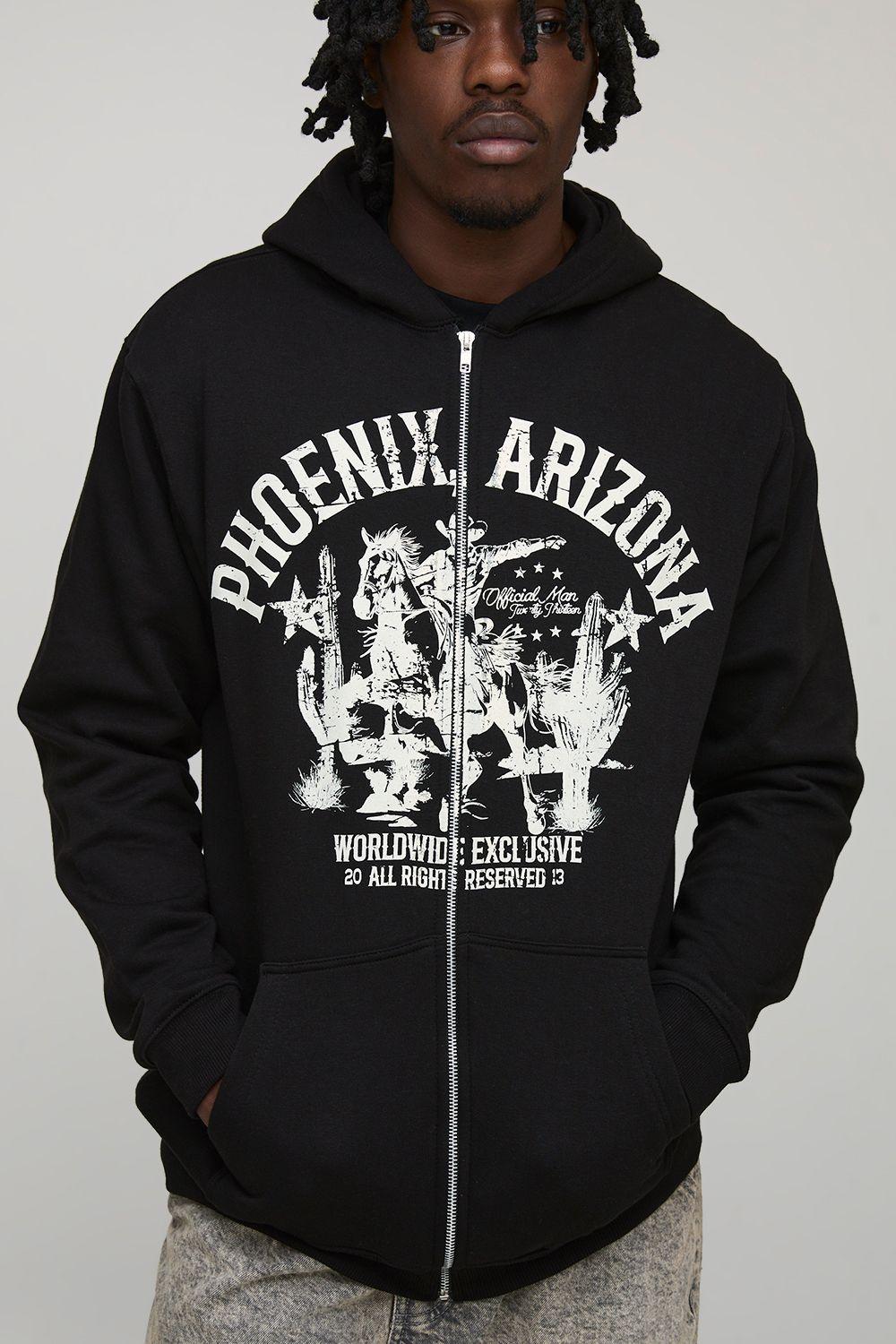 Tall Regular Fit Western Print Zip Through Hoodie by BOOHOOMAN