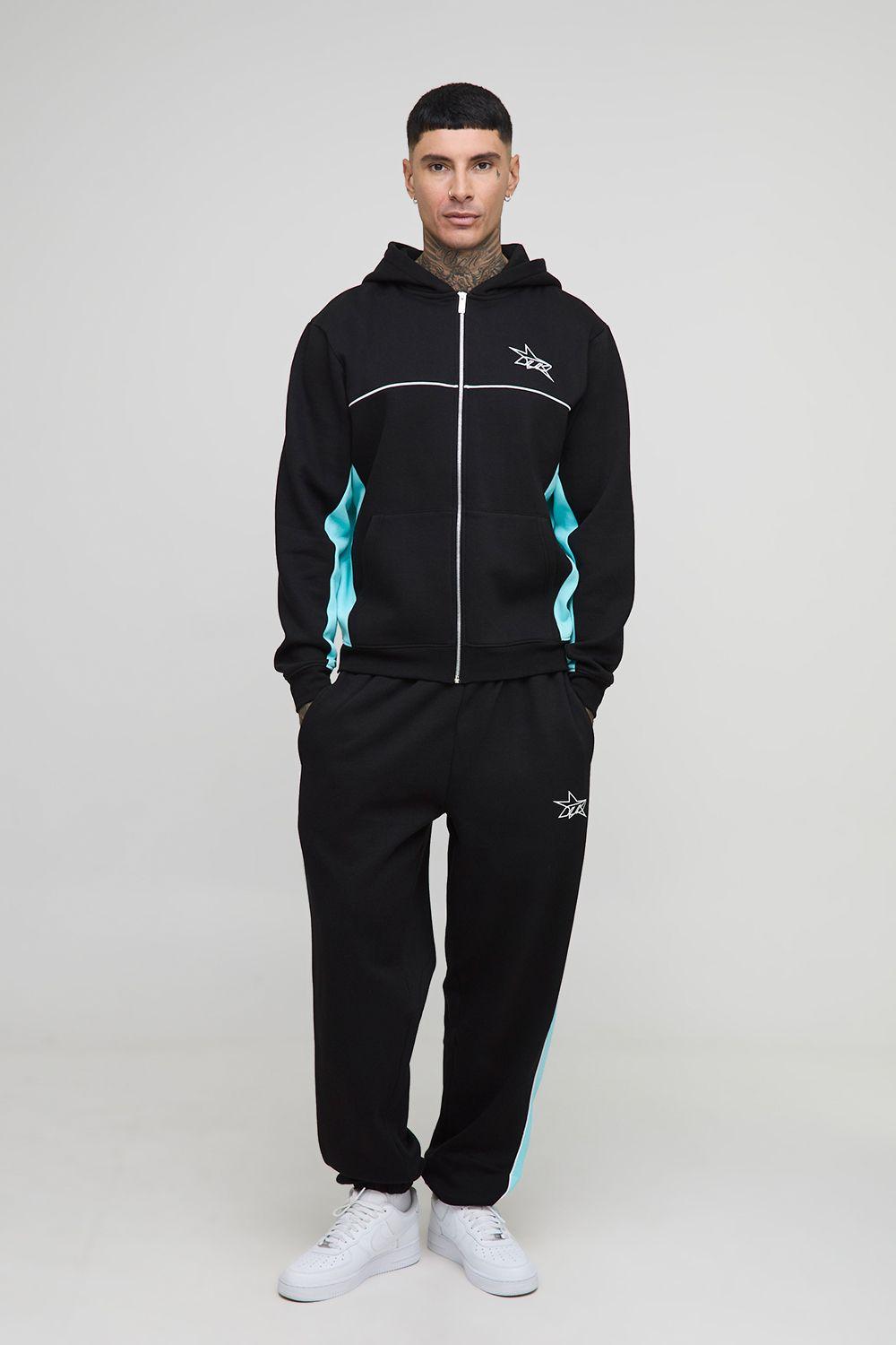 Tall Regular M-Star Printed Panel Zip Through Hoodie & Oversized Jogger Tracksuit by BOOHOOMAN