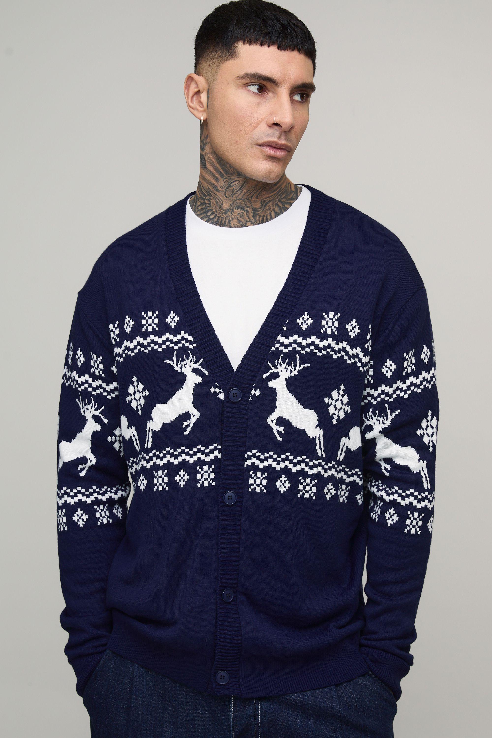 Tall Reindeer Fair Isle Relaxed Christmas Cardigan by BOOHOOMAN