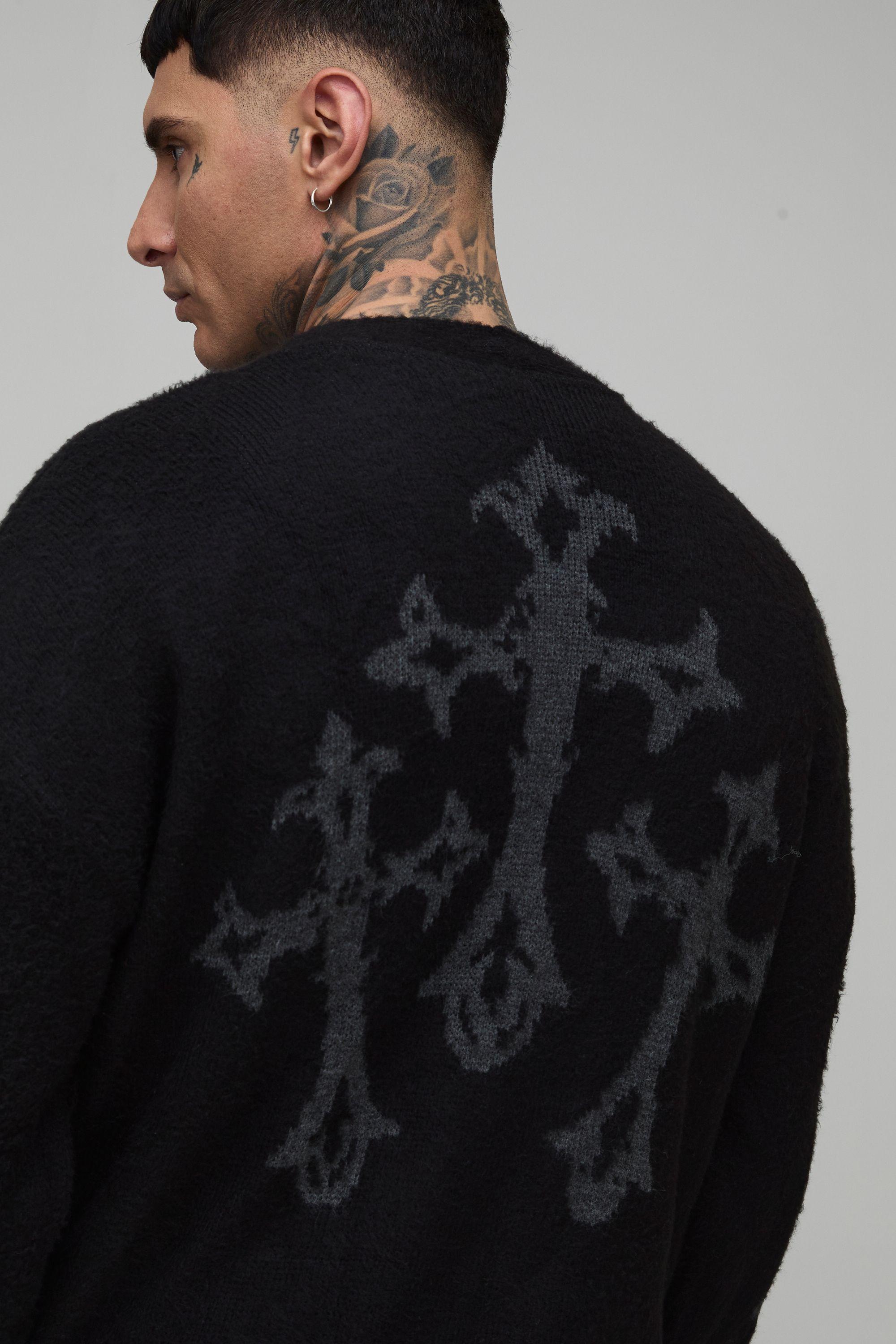 Tall Relaxed Boxy Brushed Gothic Cross Knitted Cardigan by BOOHOOMAN