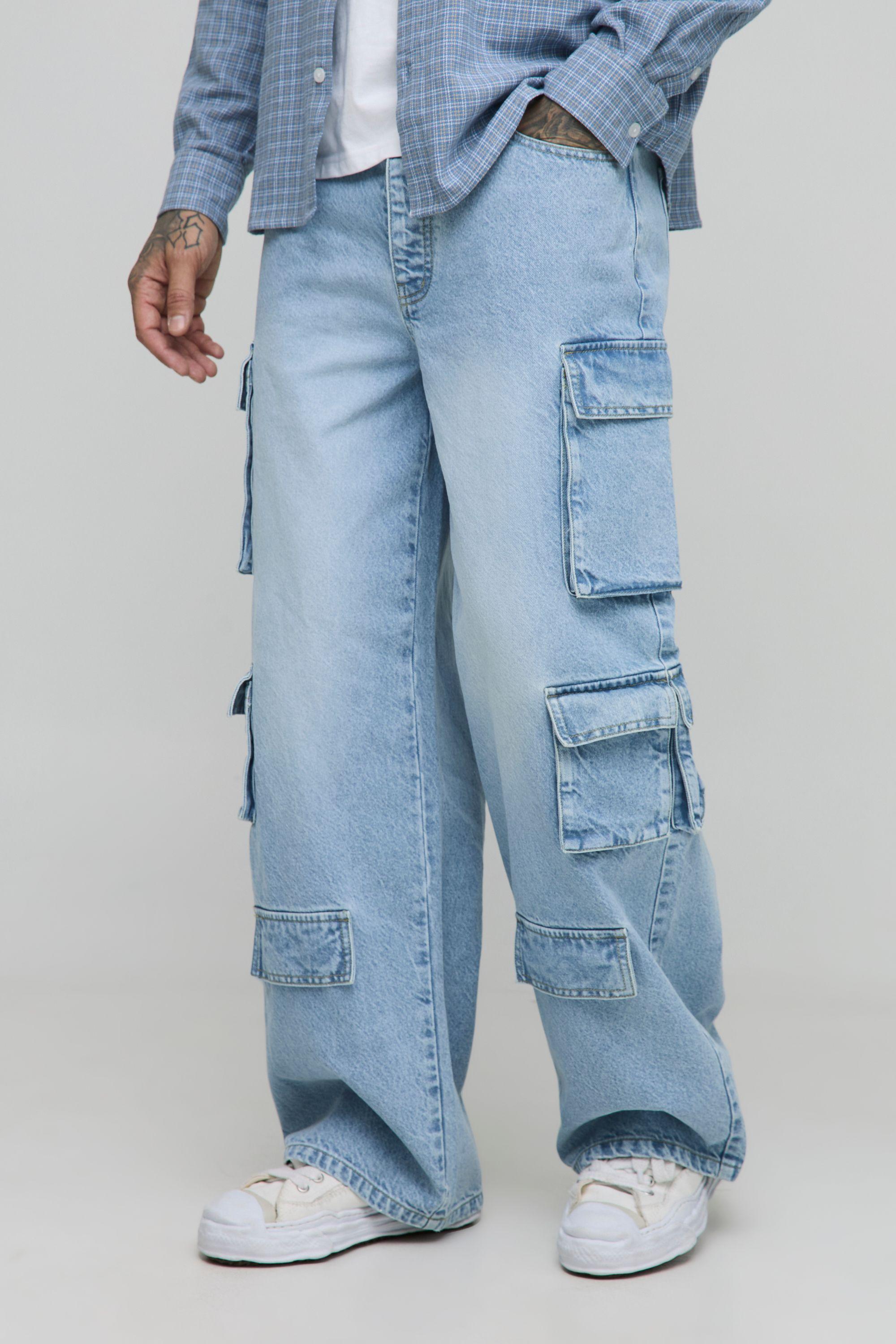 Tall Relaxed Fit Acid Wash Cargo Jeans by BOOHOOMAN
