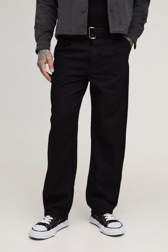 Tall Relaxed Fit Belted Trousers in Black by BOOHOOMAN
