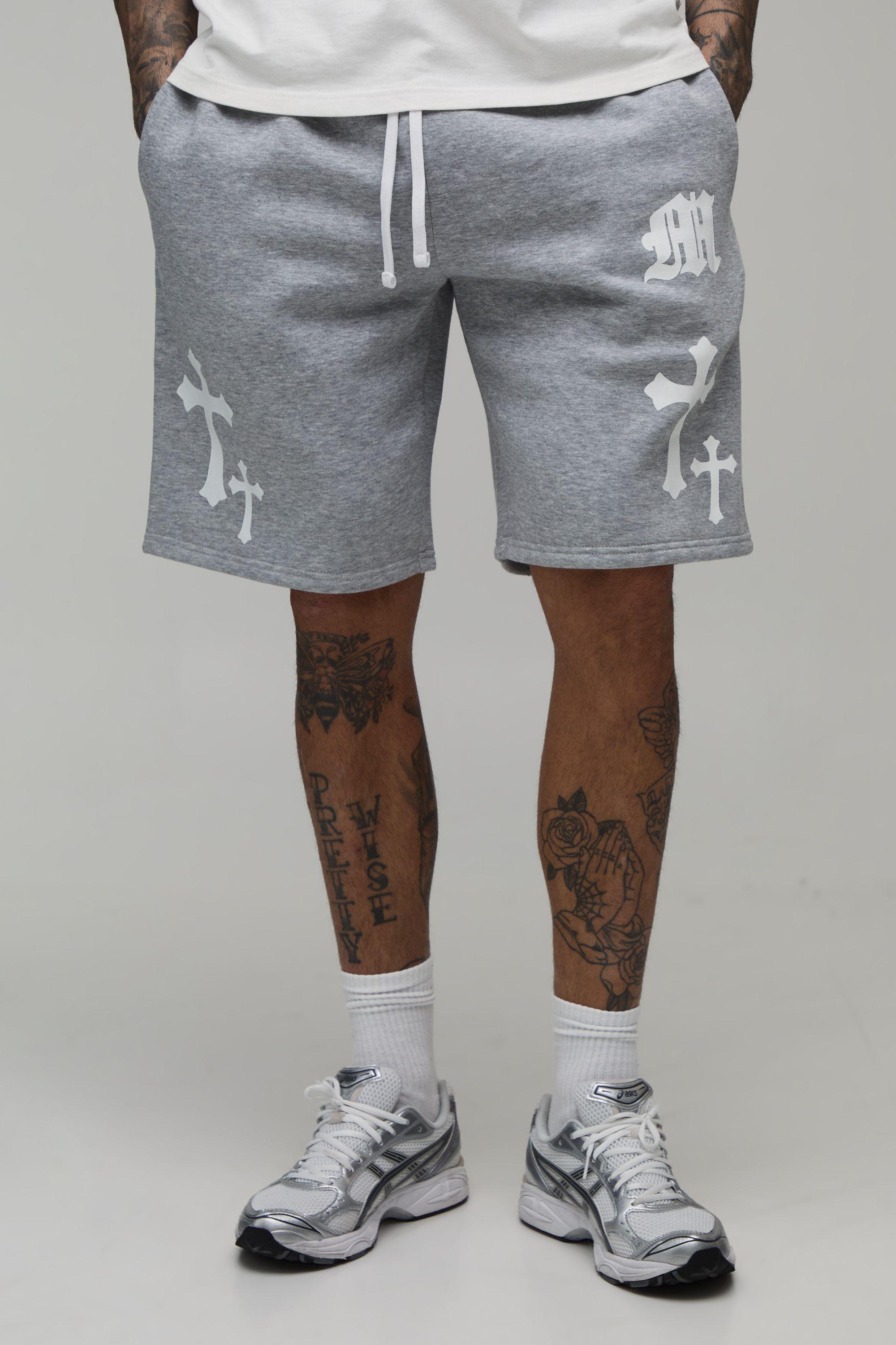 Tall Relaxed Fit Gothic M Cross Print Short by BOOHOOMAN