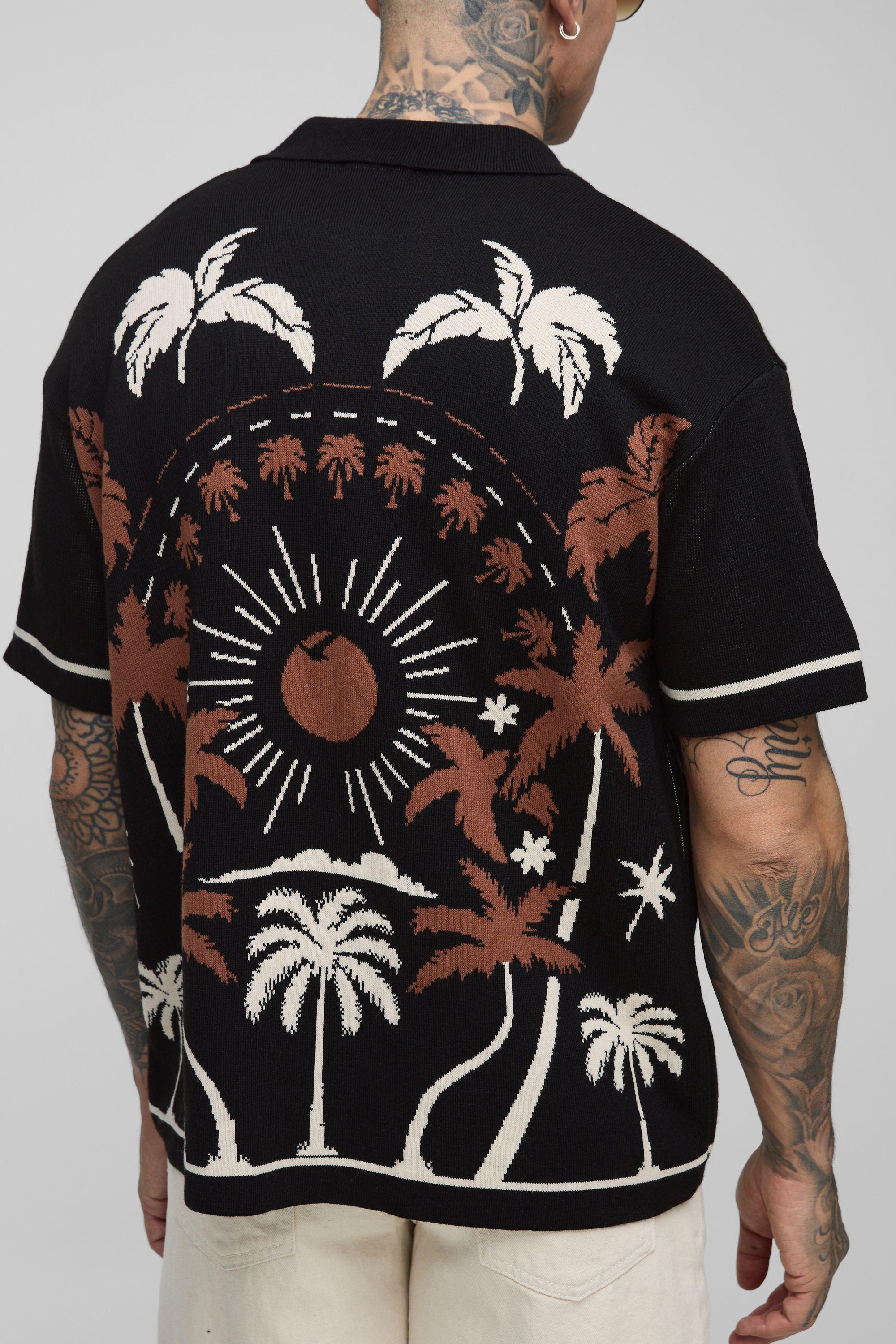 Tall Relaxed Palm Scenic Jacquard Knitted Shirt by BOOHOOMAN