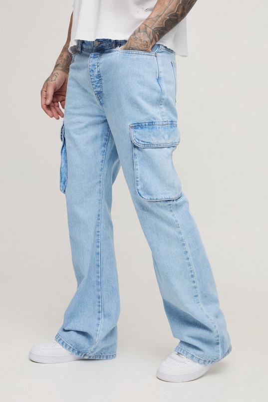 Tall Relaxed Rigid Flare Cargo Jeans by BOOHOOMAN
