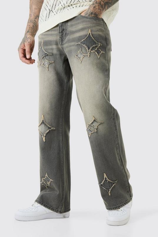 Tall Relaxed Rigid Flare Self Fabric Applique Gusset Jeans by BOOHOOMAN
