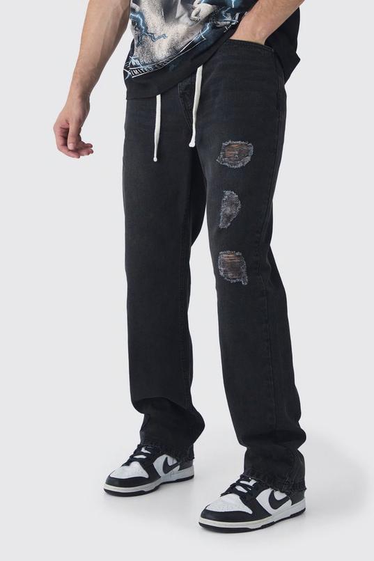 Tall Relaxed Ripped Let Down Hem Jeans With Extended Drawcords by BOOHOOMAN Tall Relaxed Ripped Let Down Hem Jeans With Extended Drawcords by BOOHOOMAN