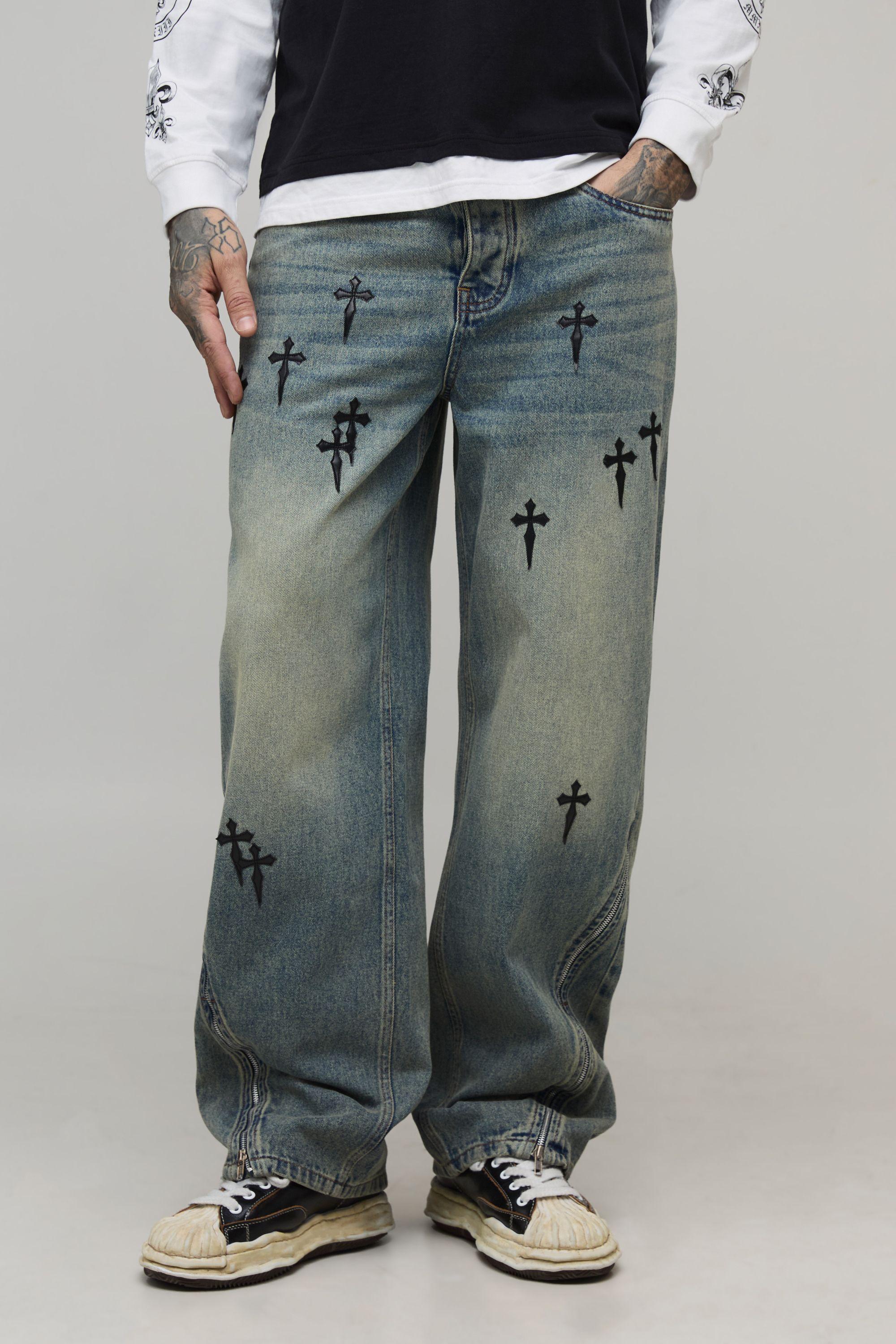 Tall Relaxed Tinted Washed Denim Cross Applique Jeans by BOOHOOMAN