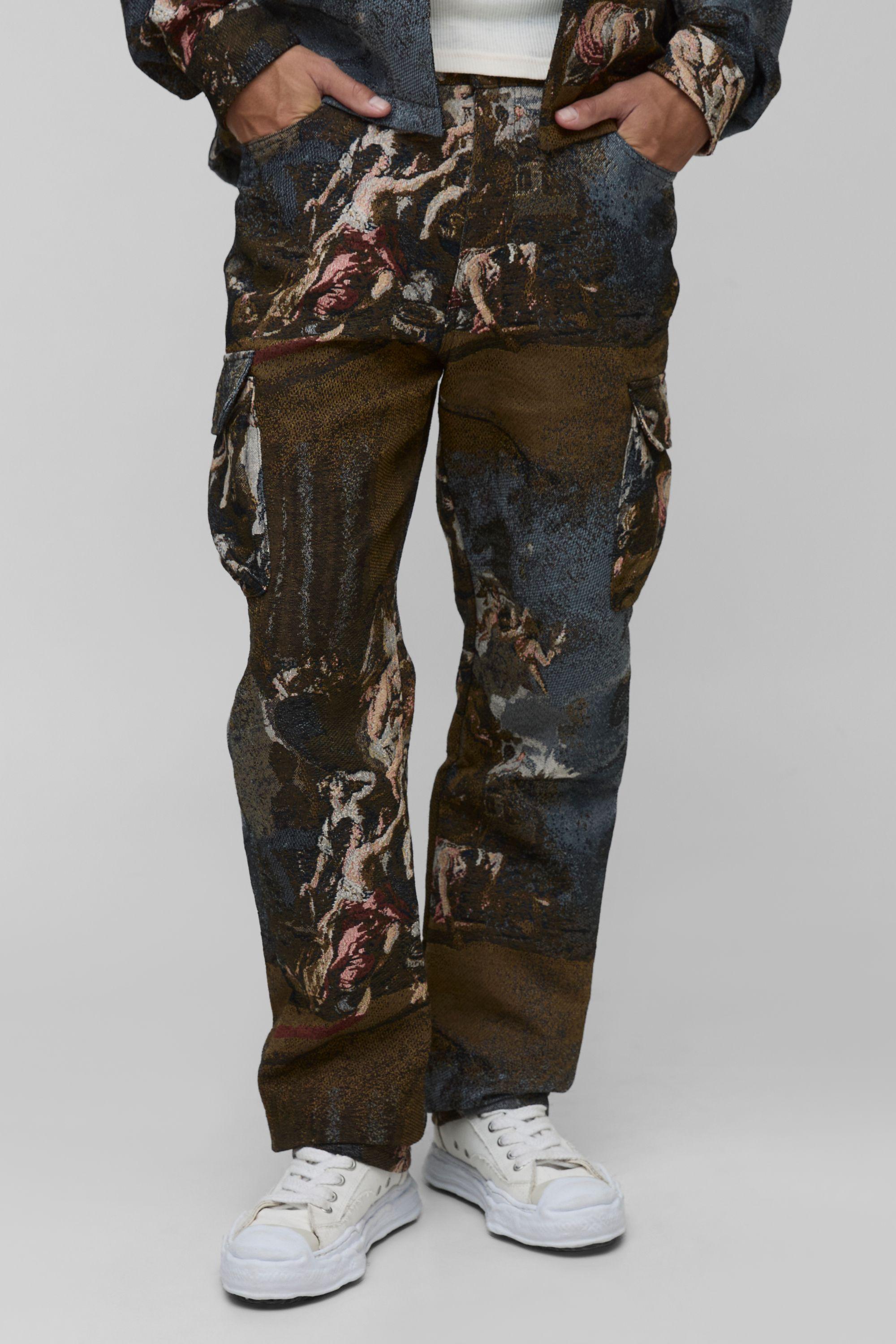 Tall Renaissance Tapestry Stacked Straight Fit Cargo Trousers by BOOHOOMAN