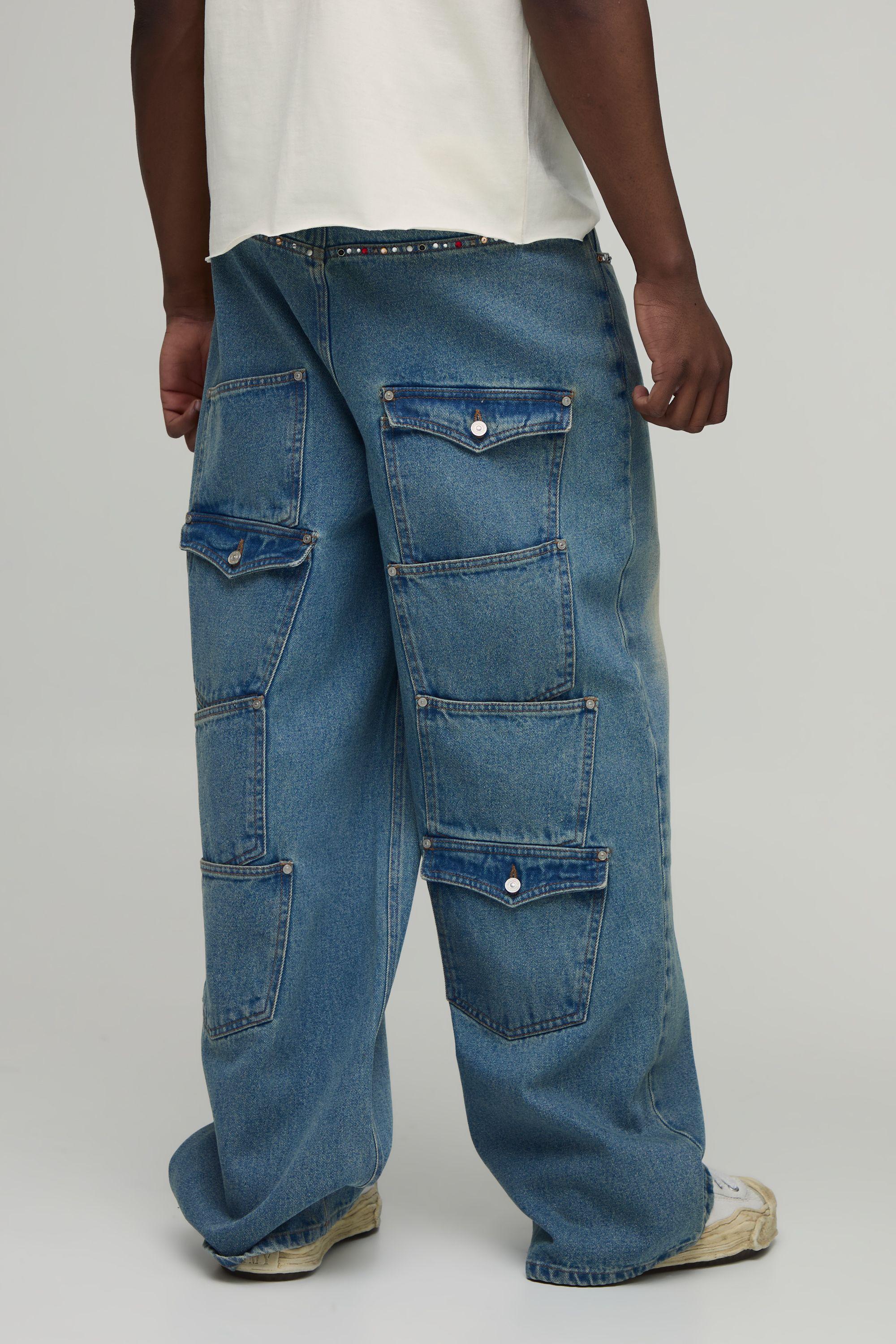 Tall Rhinestone Trim Multi Pocket Baggy Jeans by BOOHOOMAN