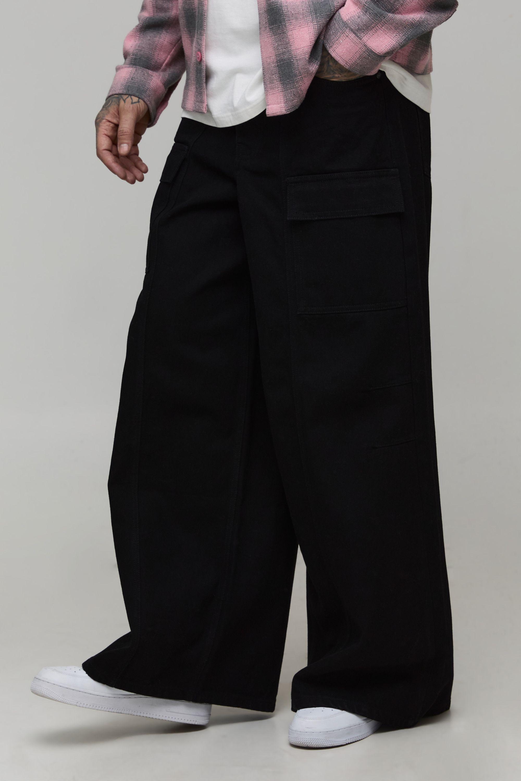 Tall Rinse Wash Cargo Pleat Knee Wide Leg Jeans by BOOHOOMAN