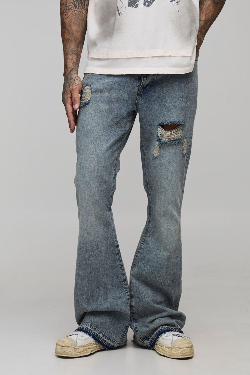 Tall Ripped Let Down Hem Rigid Flared Jeans by BOOHOOMAN