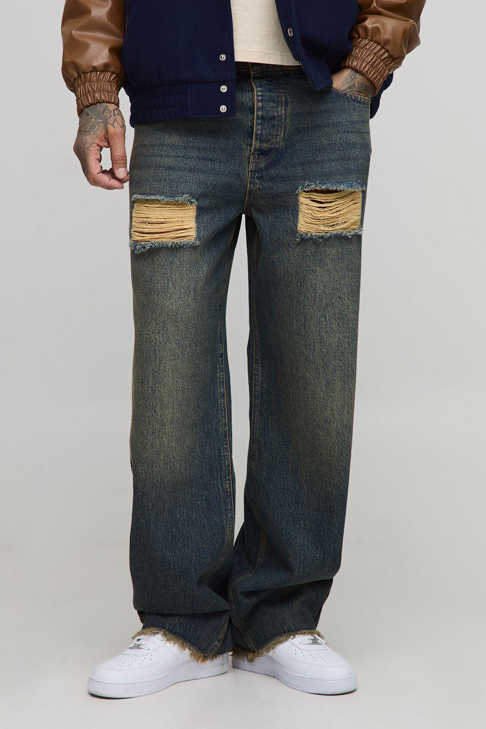 Tall Ripped Raw Hem Stonewash Relaxed Fit Jeans by BOOHOOMAN