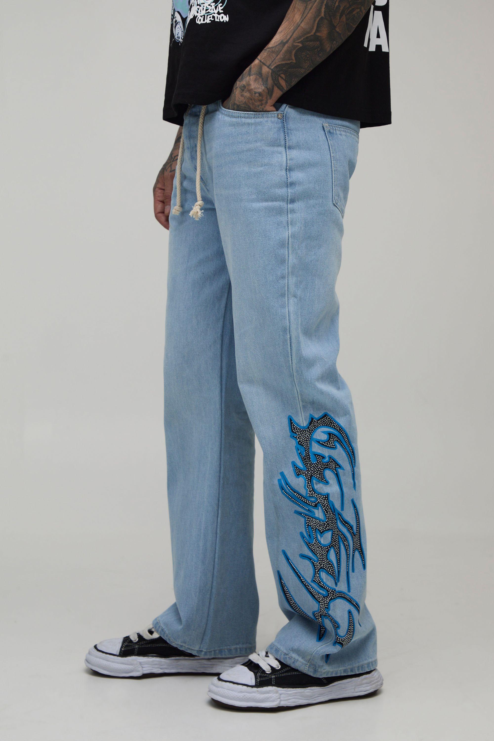 Tall Rope Belted Embellished Printed Flared Jeans by BOOHOOMAN