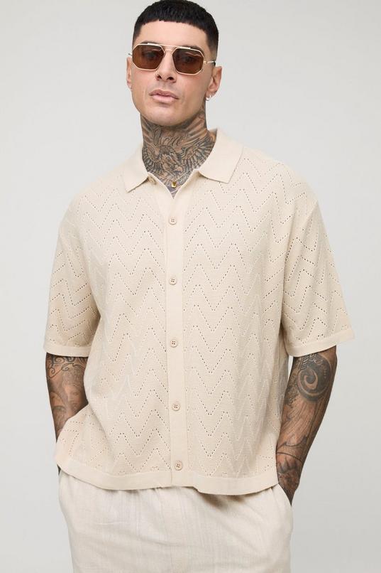 Tall Short Sleeve Boxy Open Stitch Knitted Shirt by BOOHOOMAN