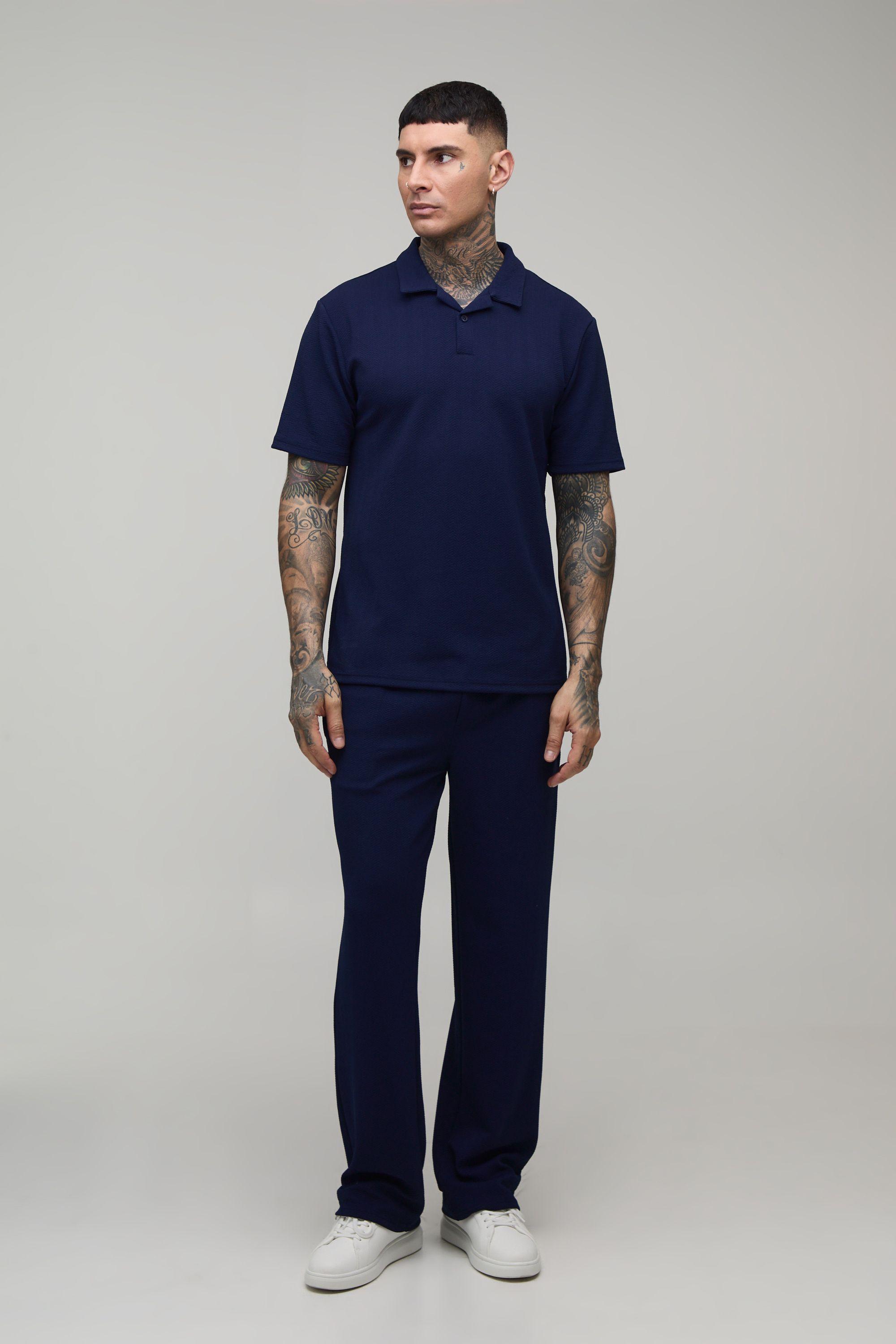 Tall Short Sleeve Jersey Herringbone Polo Shirt & Tapered Trouser Set by BOOHOOMAN